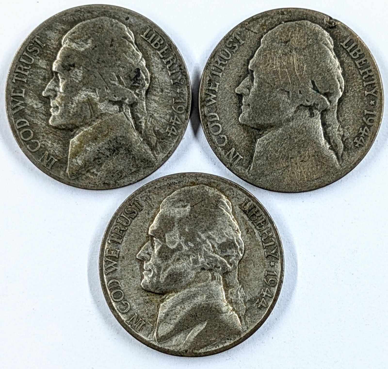 Lot of 3 Silver War Nickels - 35% Silver- 1944, D,P,&S (1 of 2)