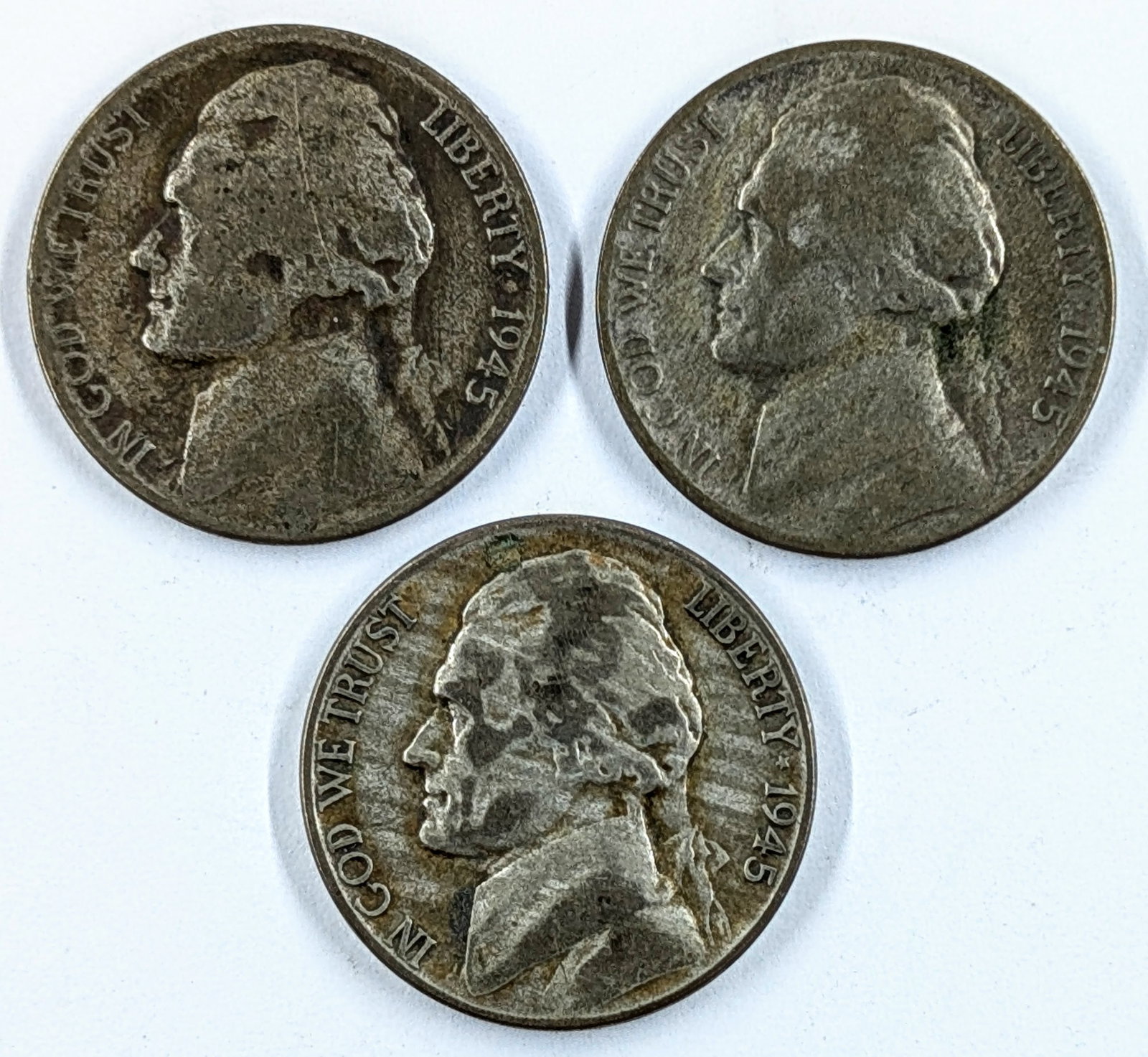 Lot of 3 Silver War Nickels - 35% Silver- 1945, D,P,&S (1 of 2)