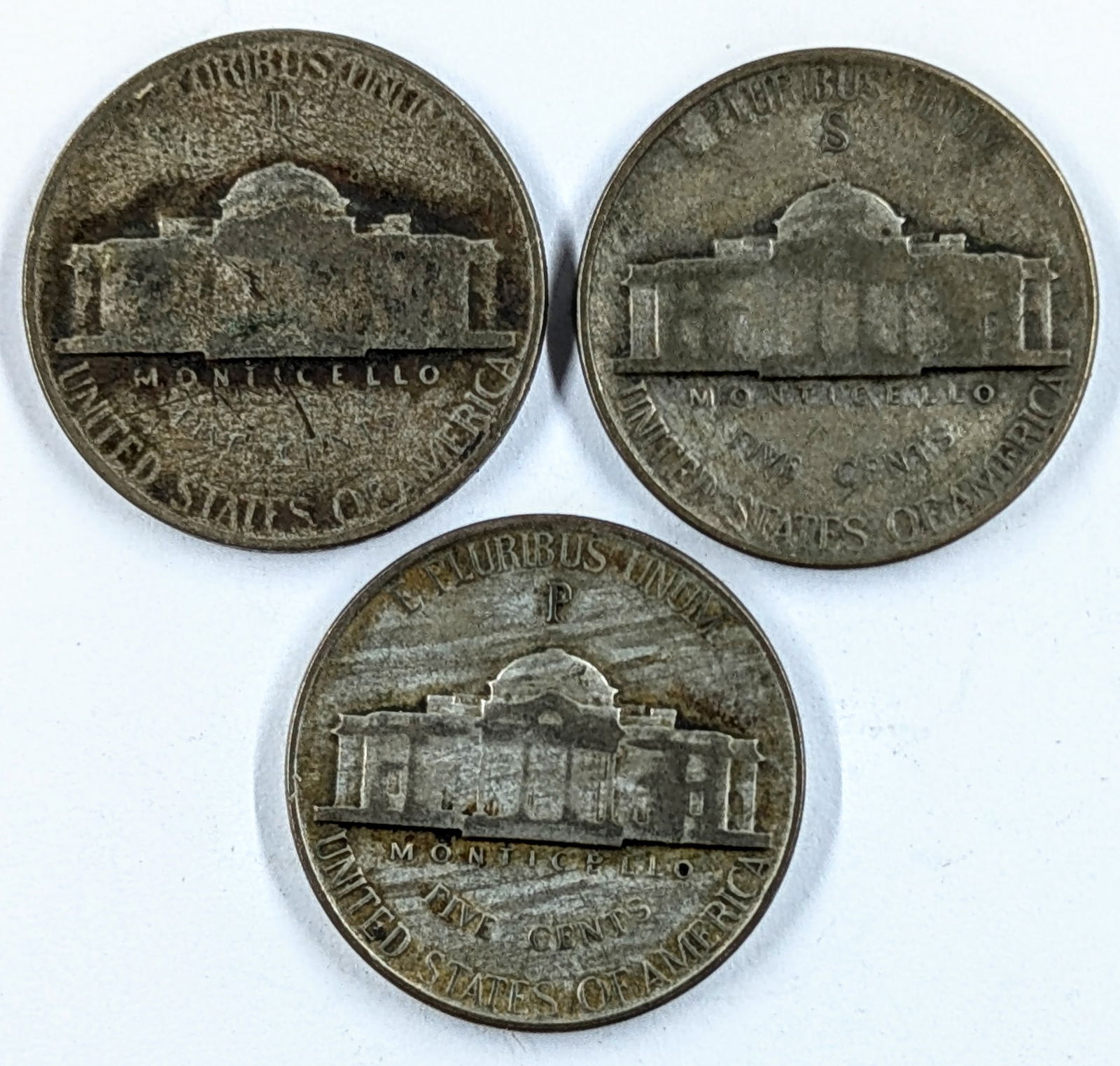 Lot of 3 Silver War Nickels - 35% Silver- 1945, D,P,&S - 2