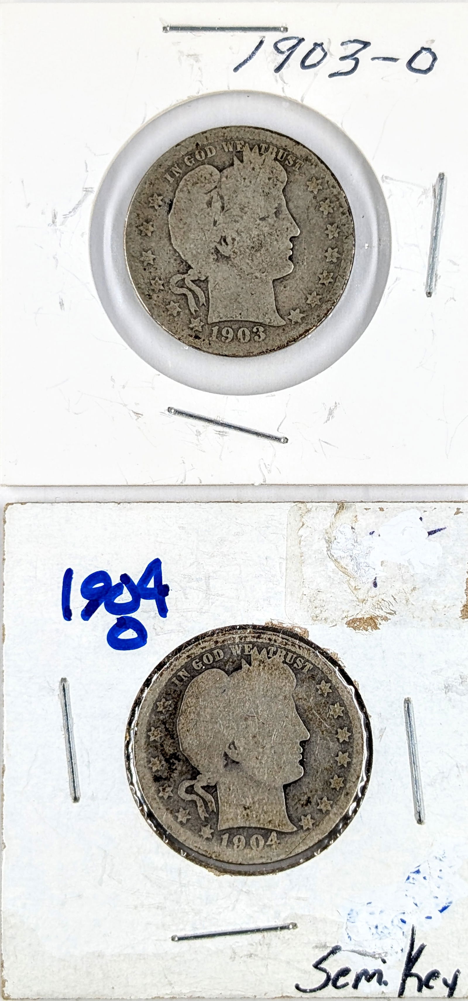 Lot of 2 Silver Barber Quarters- 1903-O, 1904-O (1 of 2)