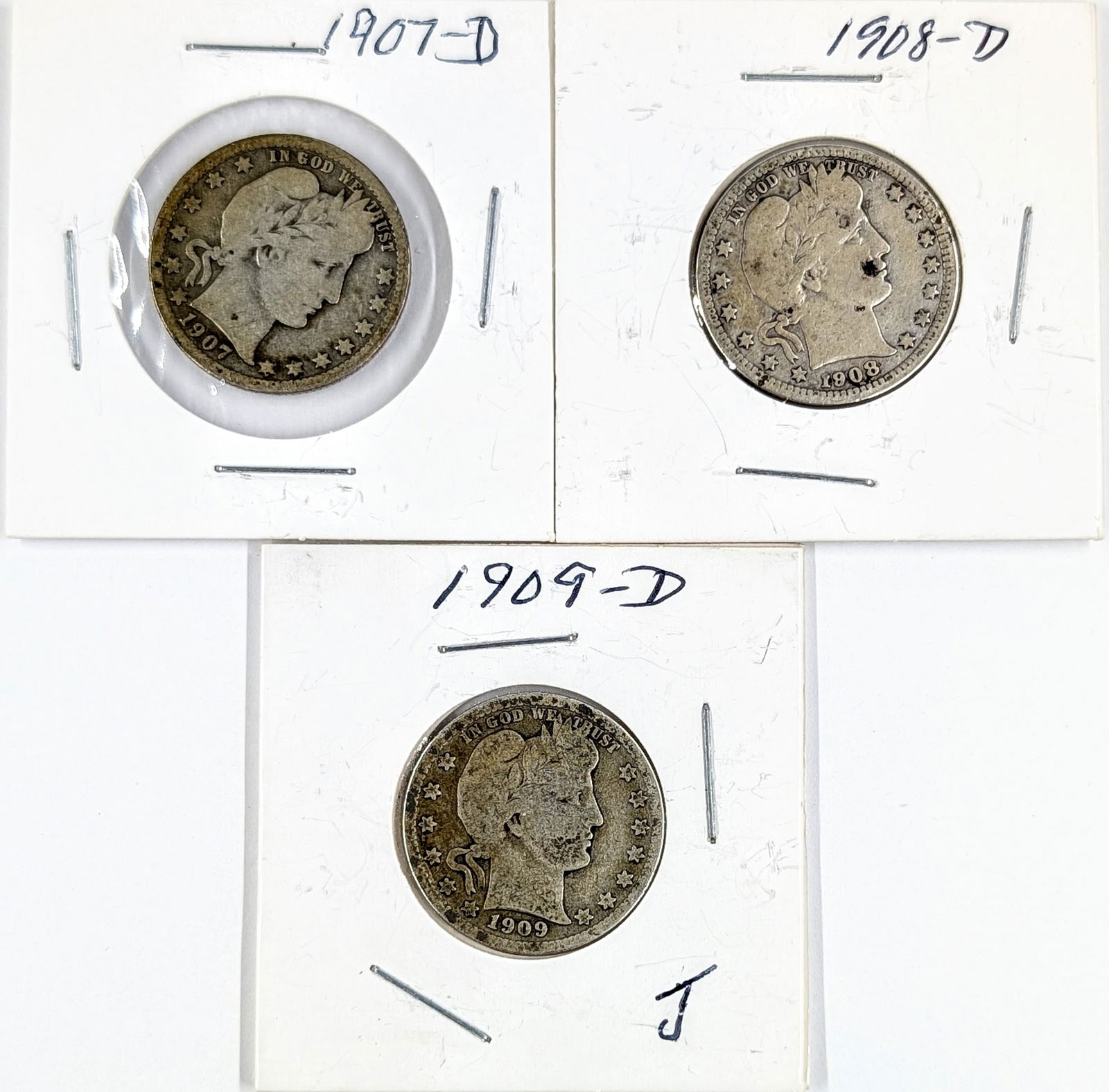 Lot of 3 Silver Barber Quarters- 1907-D, 1908-D, 1909-D: _