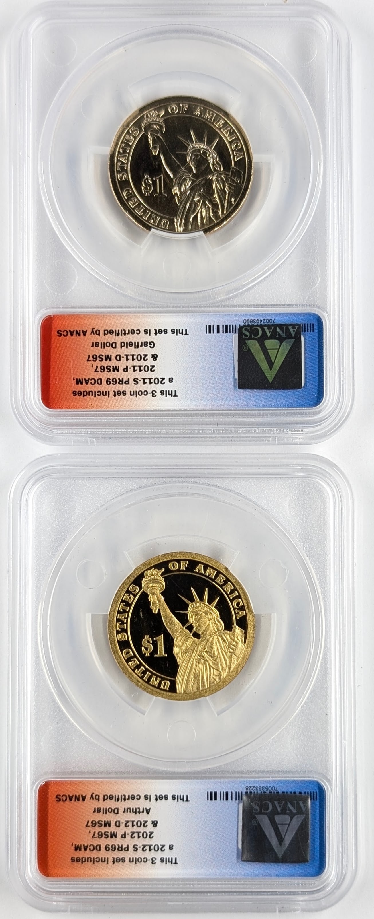 Lot of 2 ANACS Presidential One Dollar Coins- 2011 MS67 Garfield, 2012-S PR69 Arthur - 2
