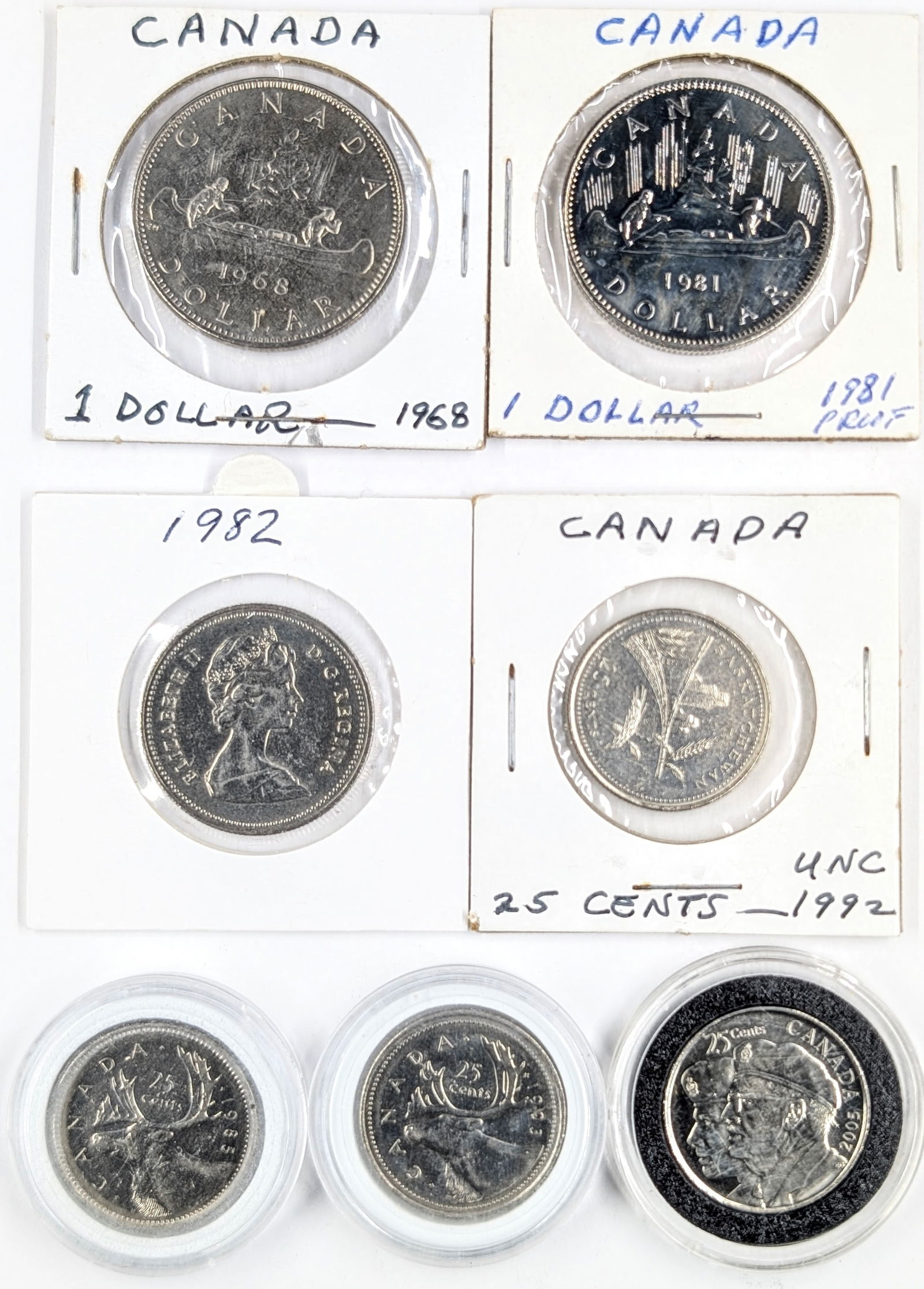 Lot of 7 Canadian Coins- One Dollar and 25 Cent Coins - 1968-2005 (1 of 2)
