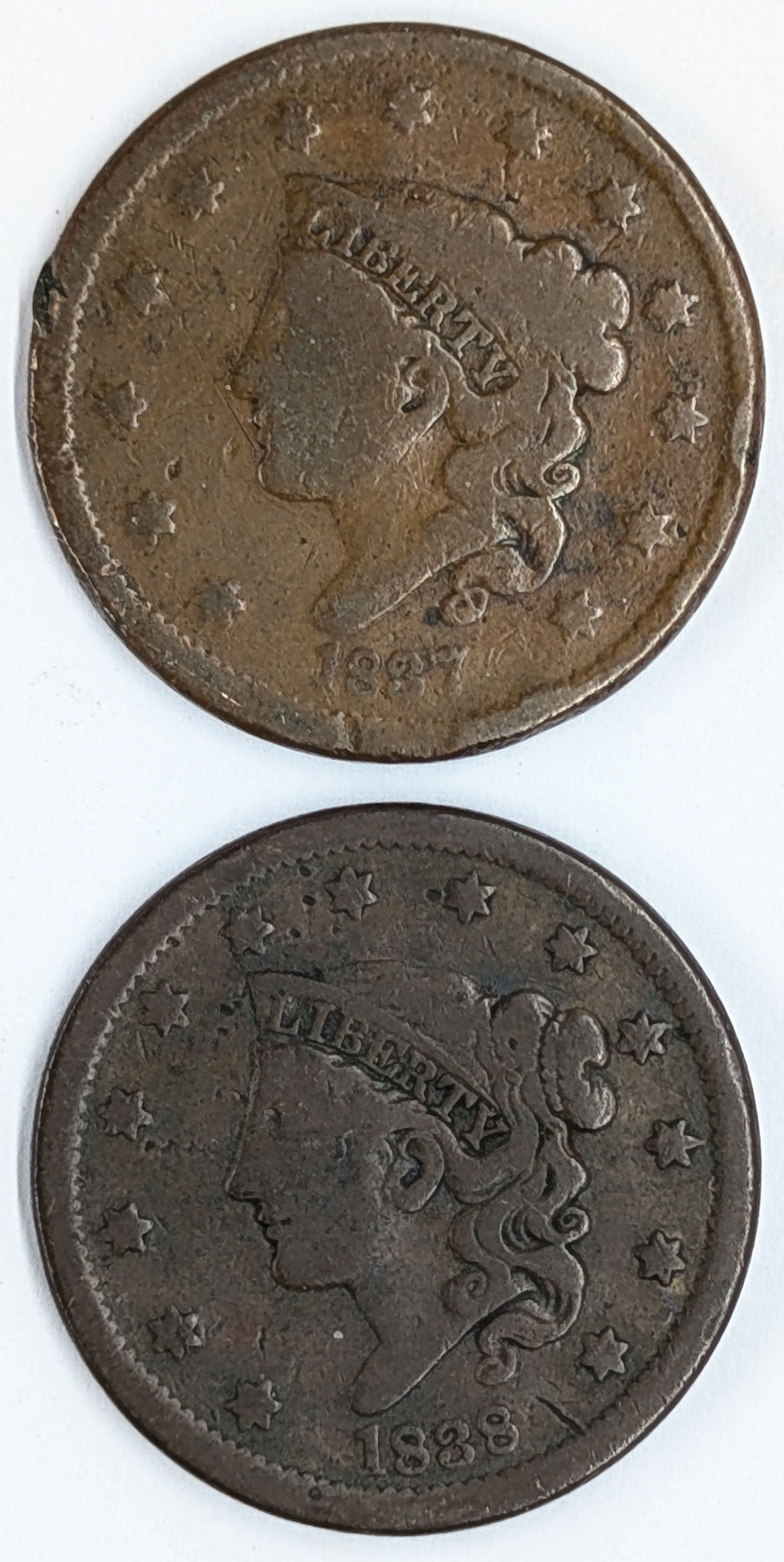 Lot of 2 Large Cents- 1837, 1838 (1 of 2)