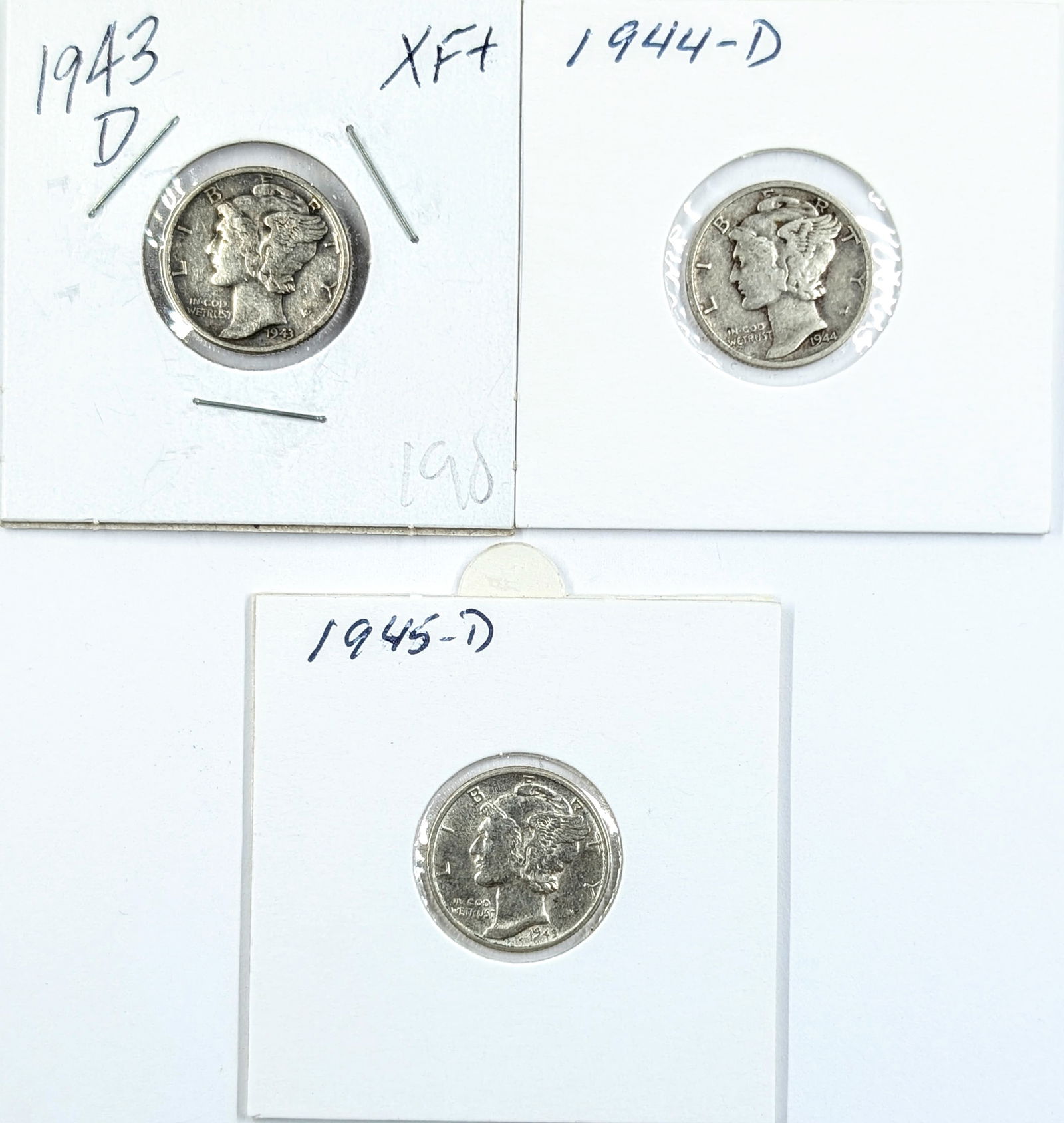 Lot of 3 Silver Mercury Dimes- 1943-D, 1944-D, 1945-D: _ 