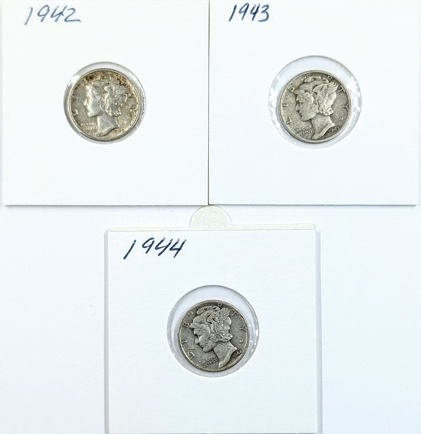 Lot of 3 Silver Mercury Dimes- 1942, 1943, 1944 (1 of 2)