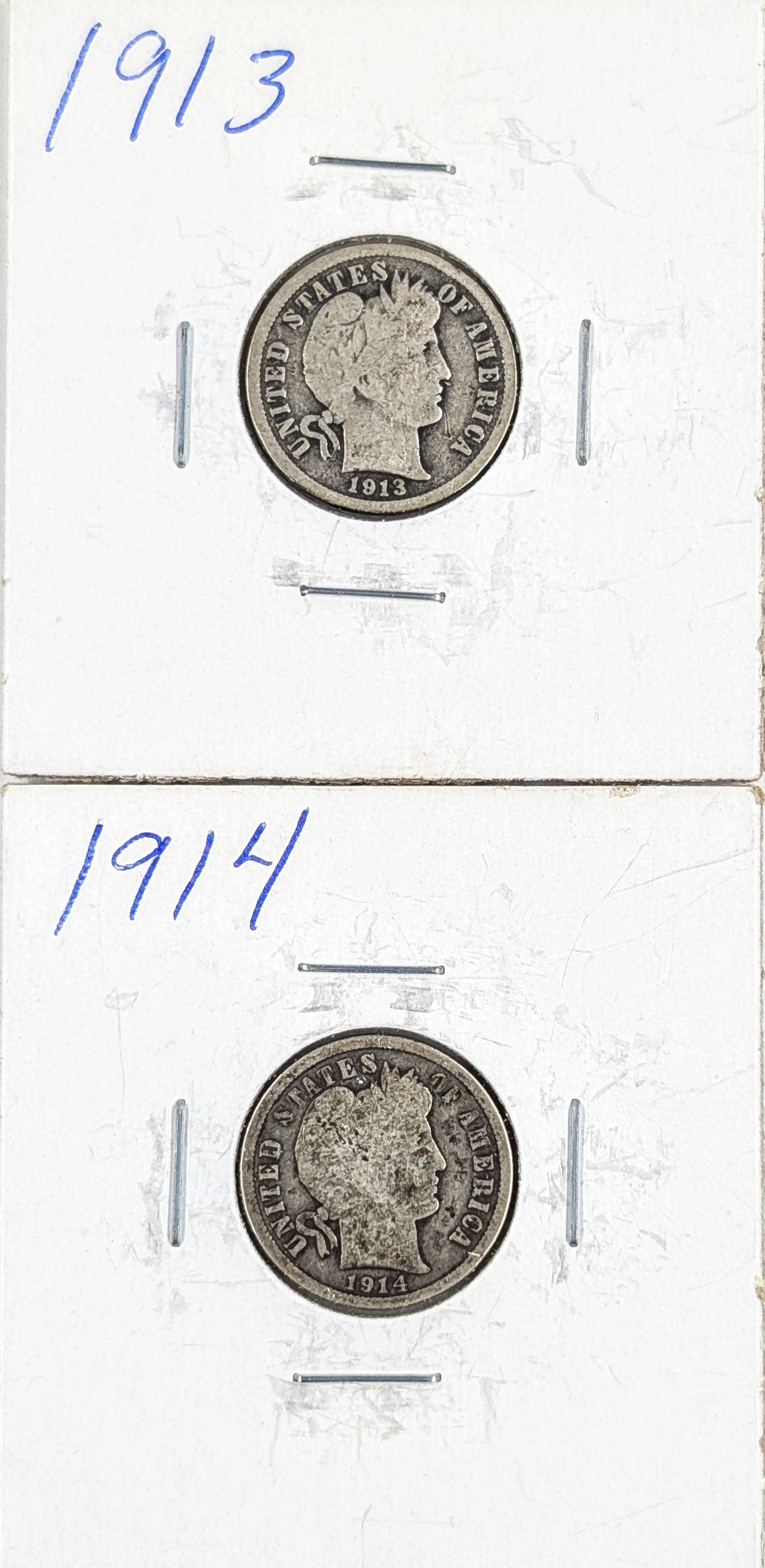 Lot of 2 Silver Barber Dimes- 1913, 1914 (1 of 2)