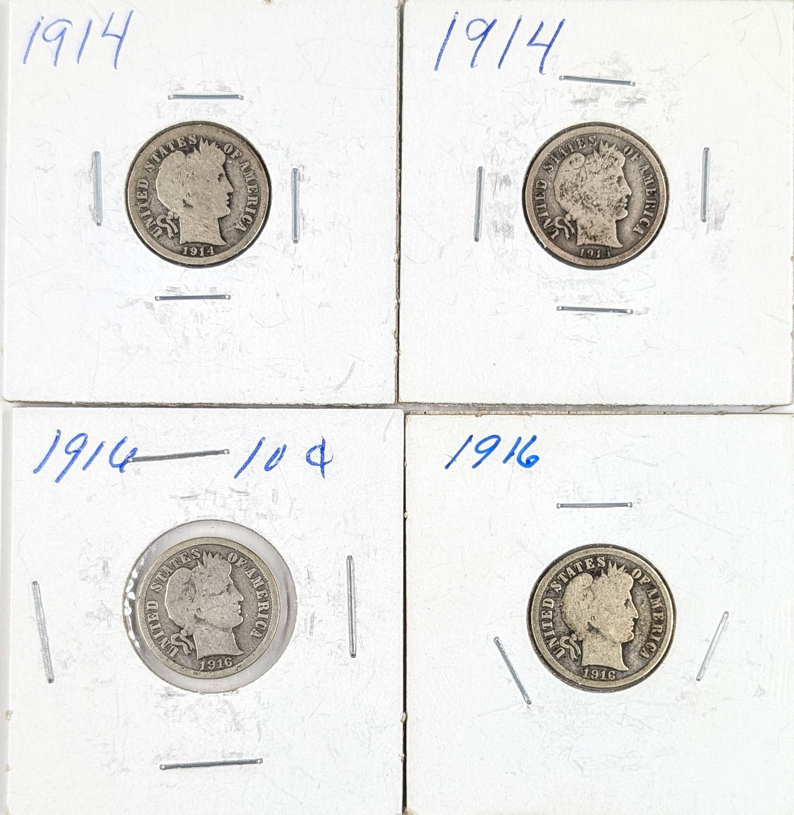 Lot of 4 Silver Barber Dimes- 1914-1916: _ 