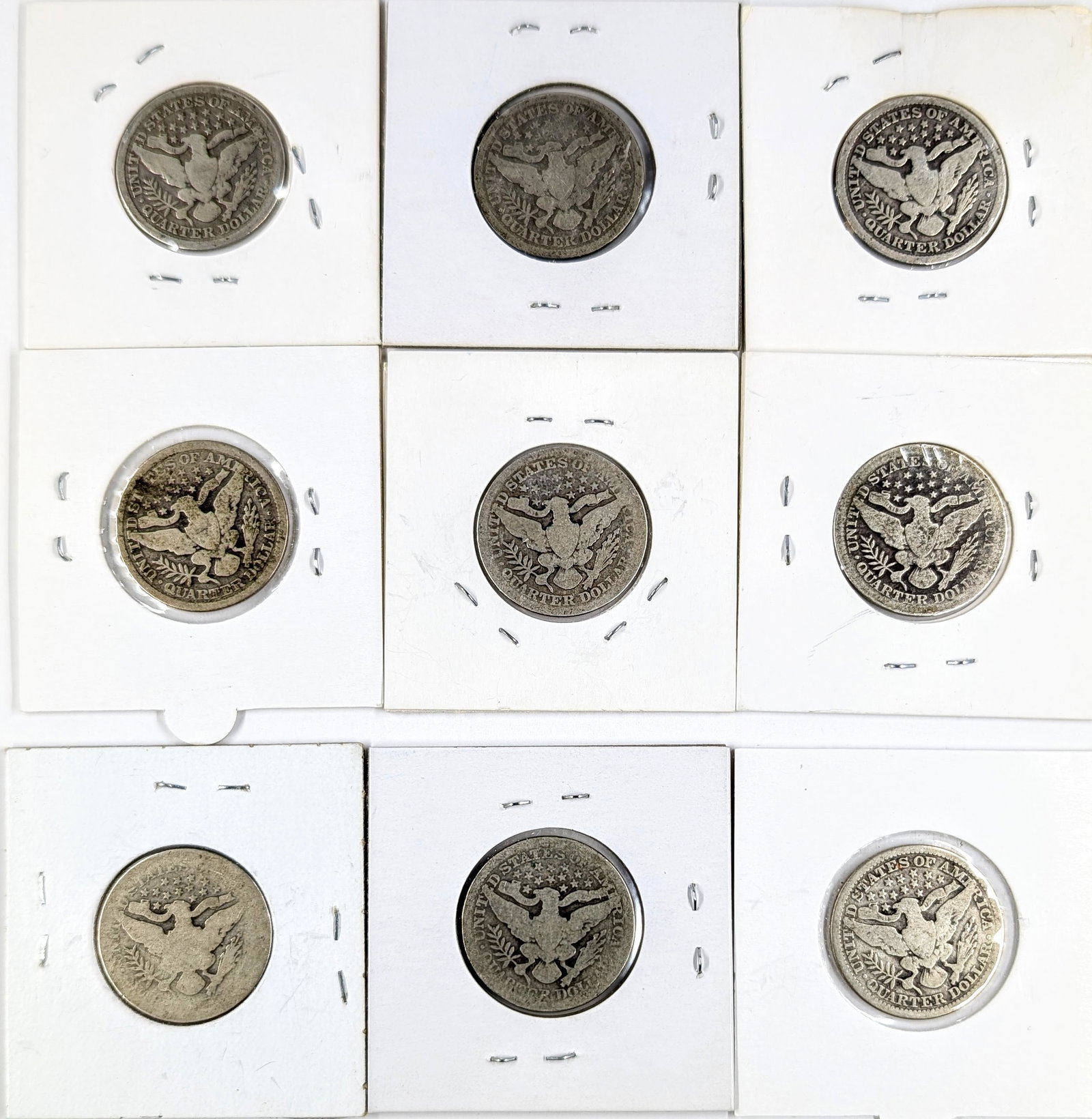 Lot of 9 Silver Barber Quarters- 1897-1915 - 2