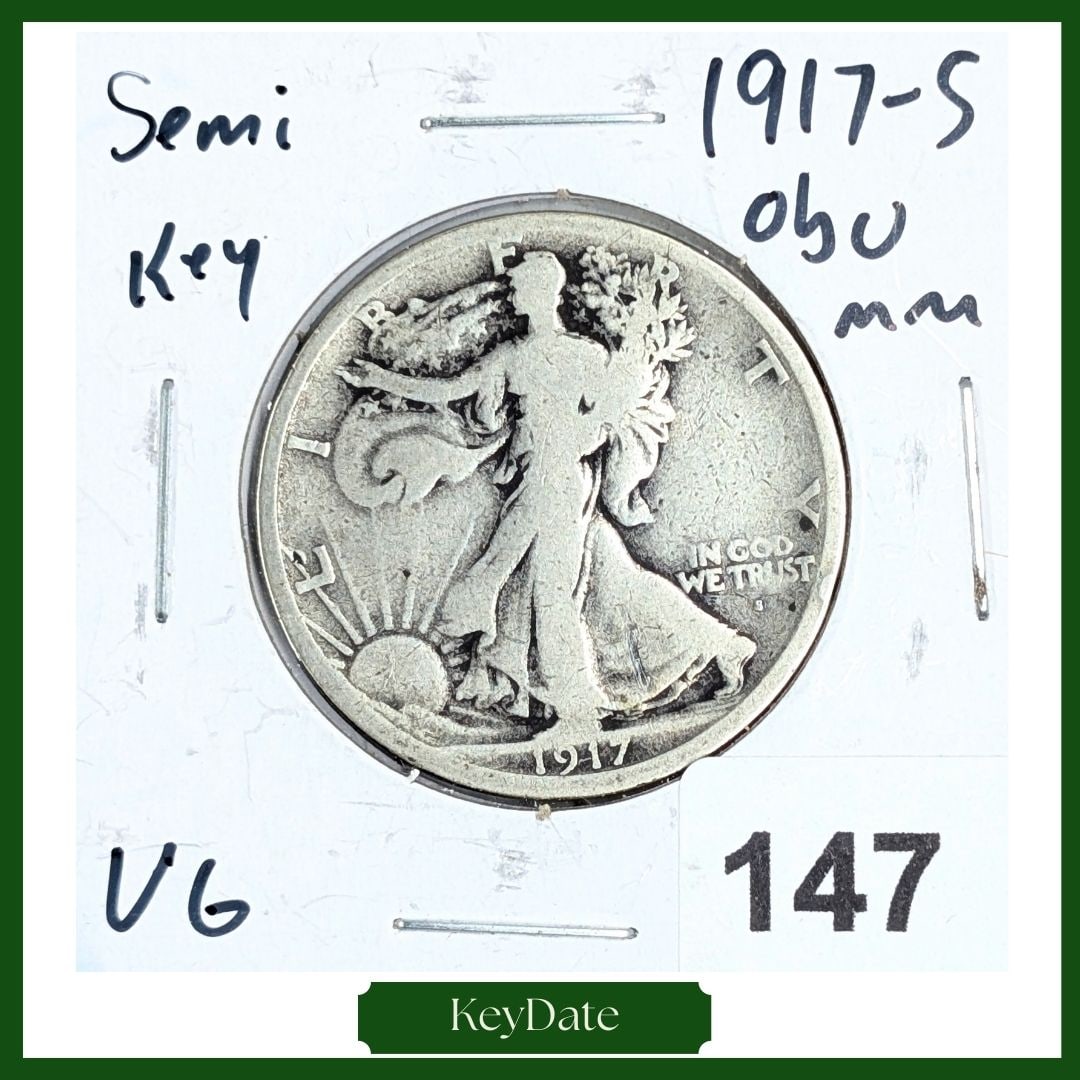 1917-S Silver Walking Liberty Half Dollar - KEY DATE - Obverse 'S' (1 of 3)