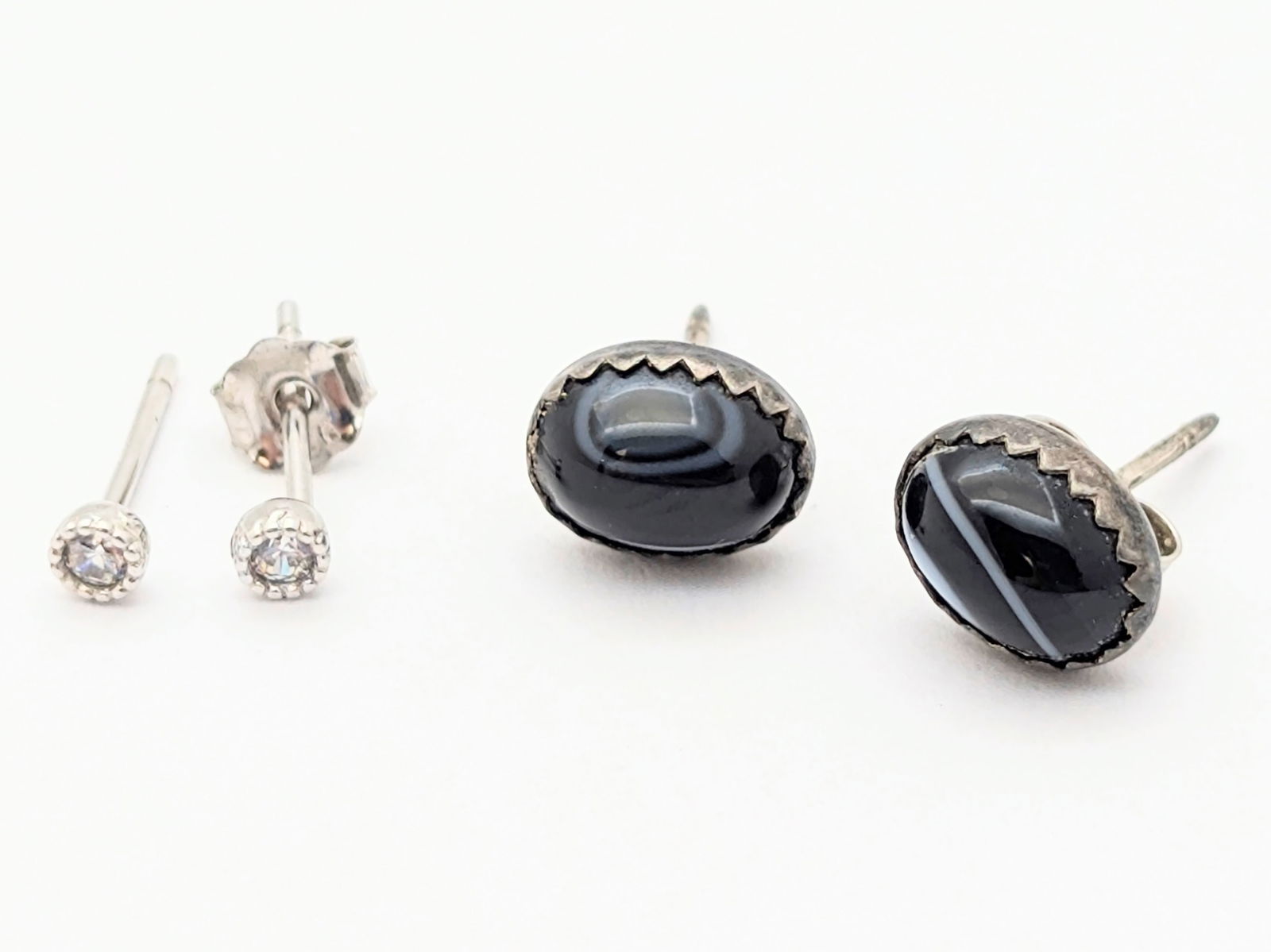 Lot of 2 Sterling Silver Ladies Earrings - Black Ovals & Small White Studs: Jewelry 