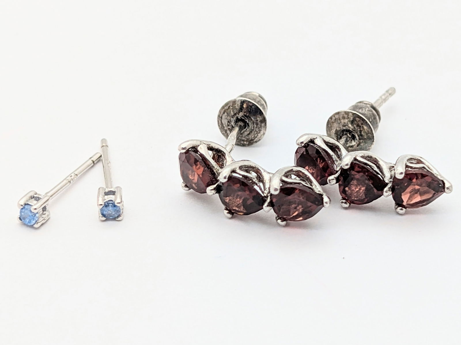 Lot of 2 Sterling Silver Ladies Earrings - Small Blue Studs & Triple Red Gems: Jewelry 