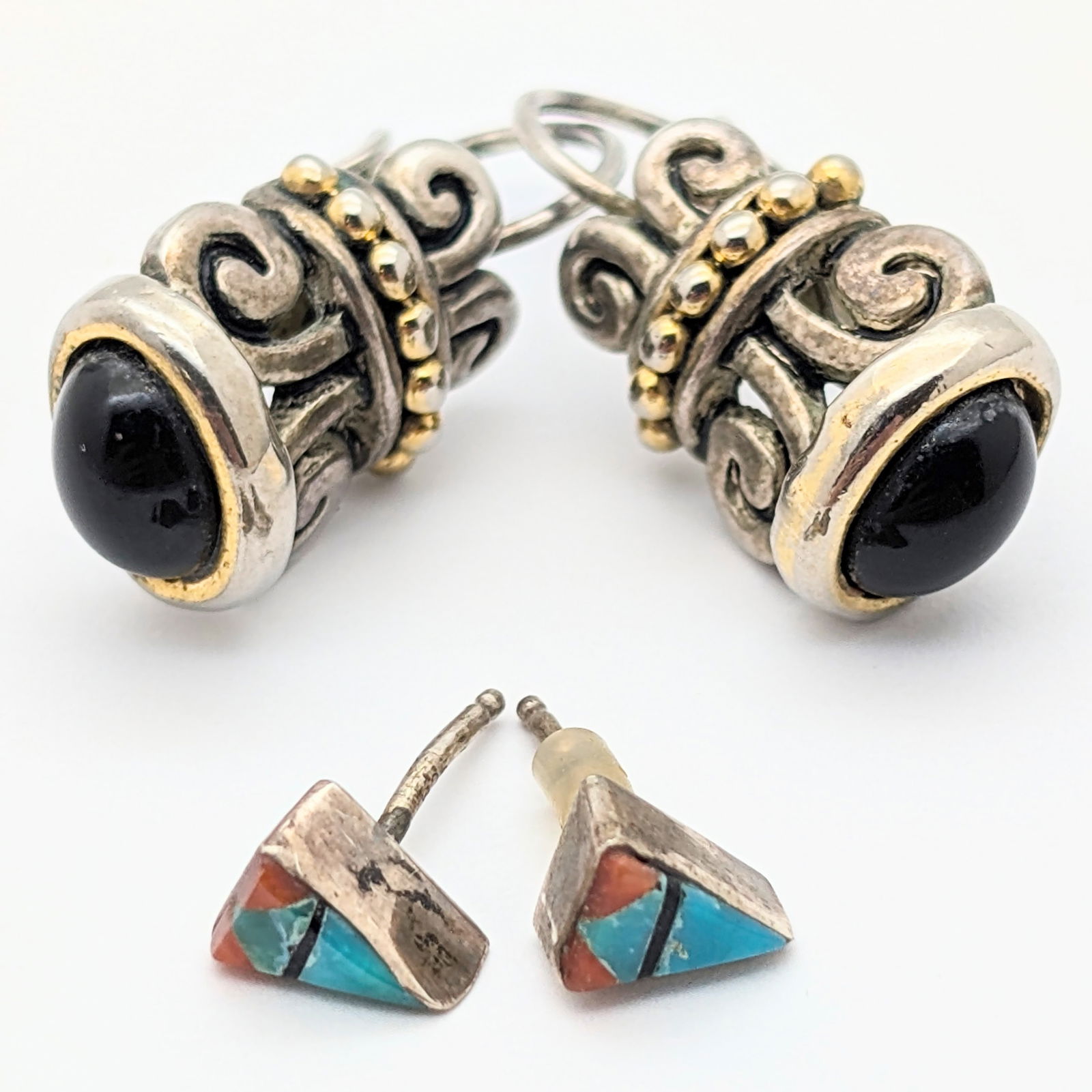 Lot of 2 Sterling Silver Ladies Earrings - Art Deco Black & Boho Triangles: Jewelry 