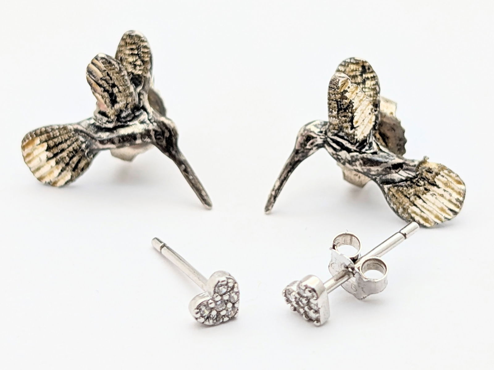 Lot of 2 Sterling Silver Ladies Earrings - Hummingbird & Heart Studs: Jewelry 