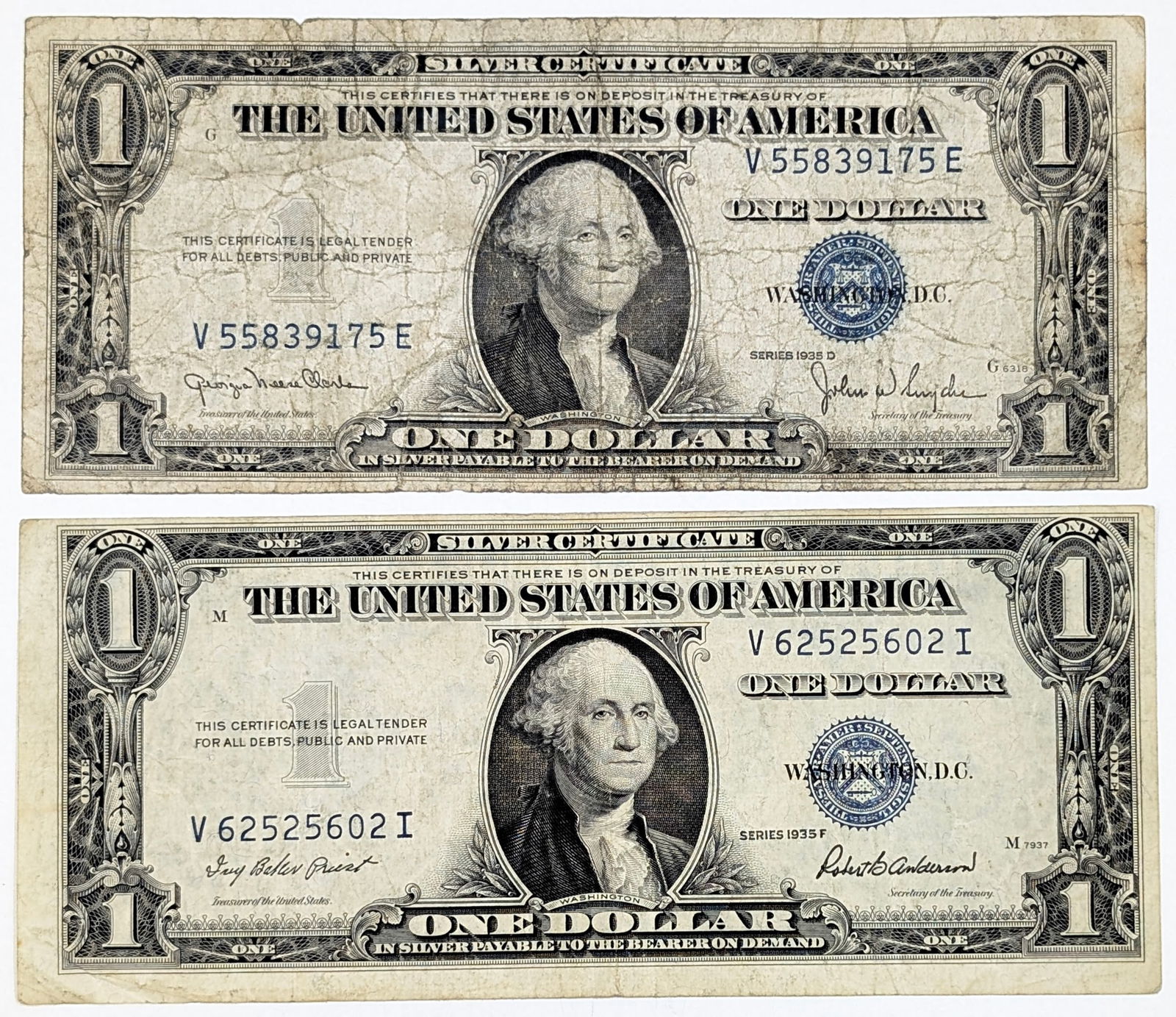 Lot of 2 - 1935 D/F $1 Notes - Silver Certificates (1 of 2)