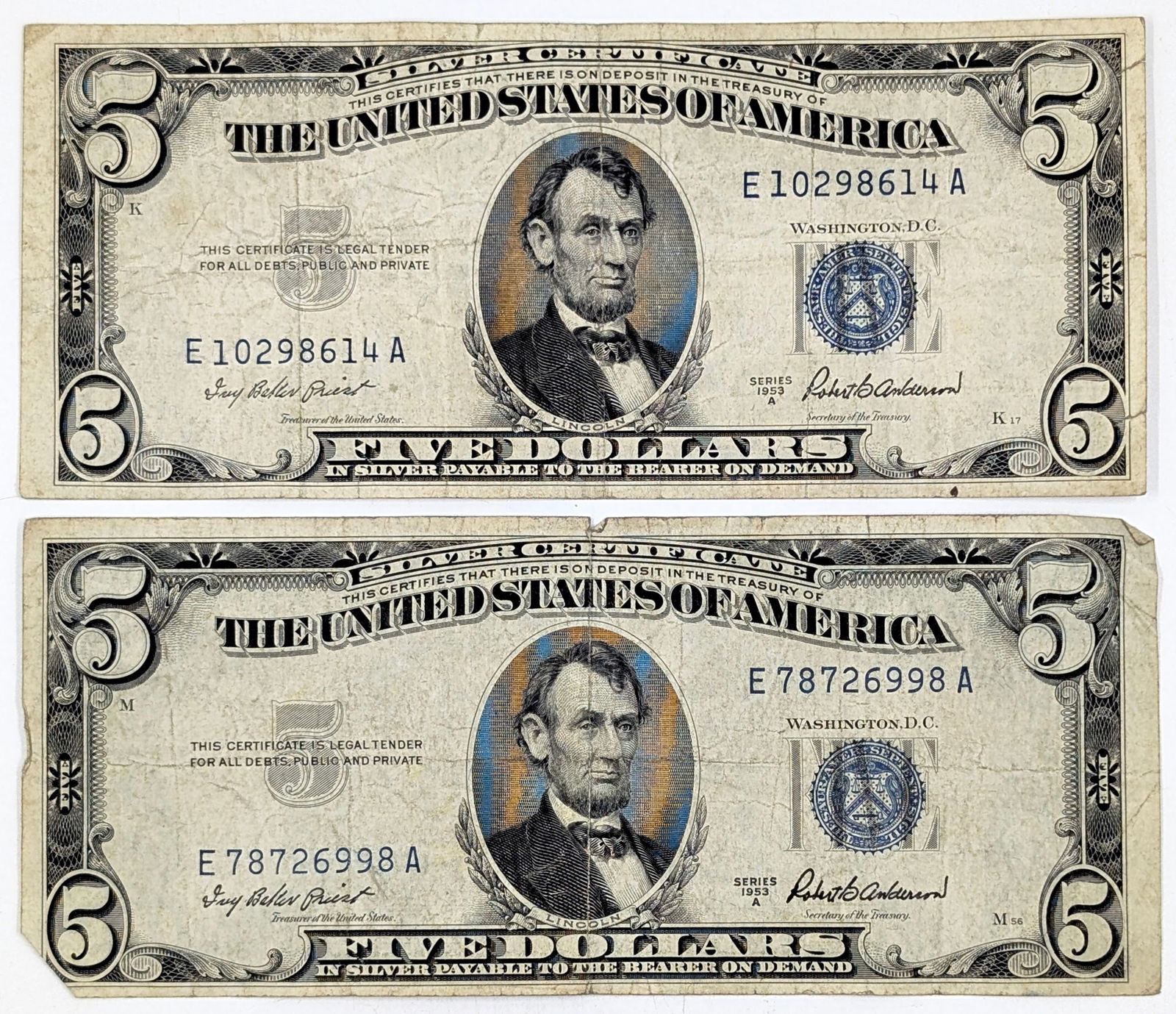 Lot of 2- 1953-A $5 Notes - Silver Certificates: Heavily Circulated Condition