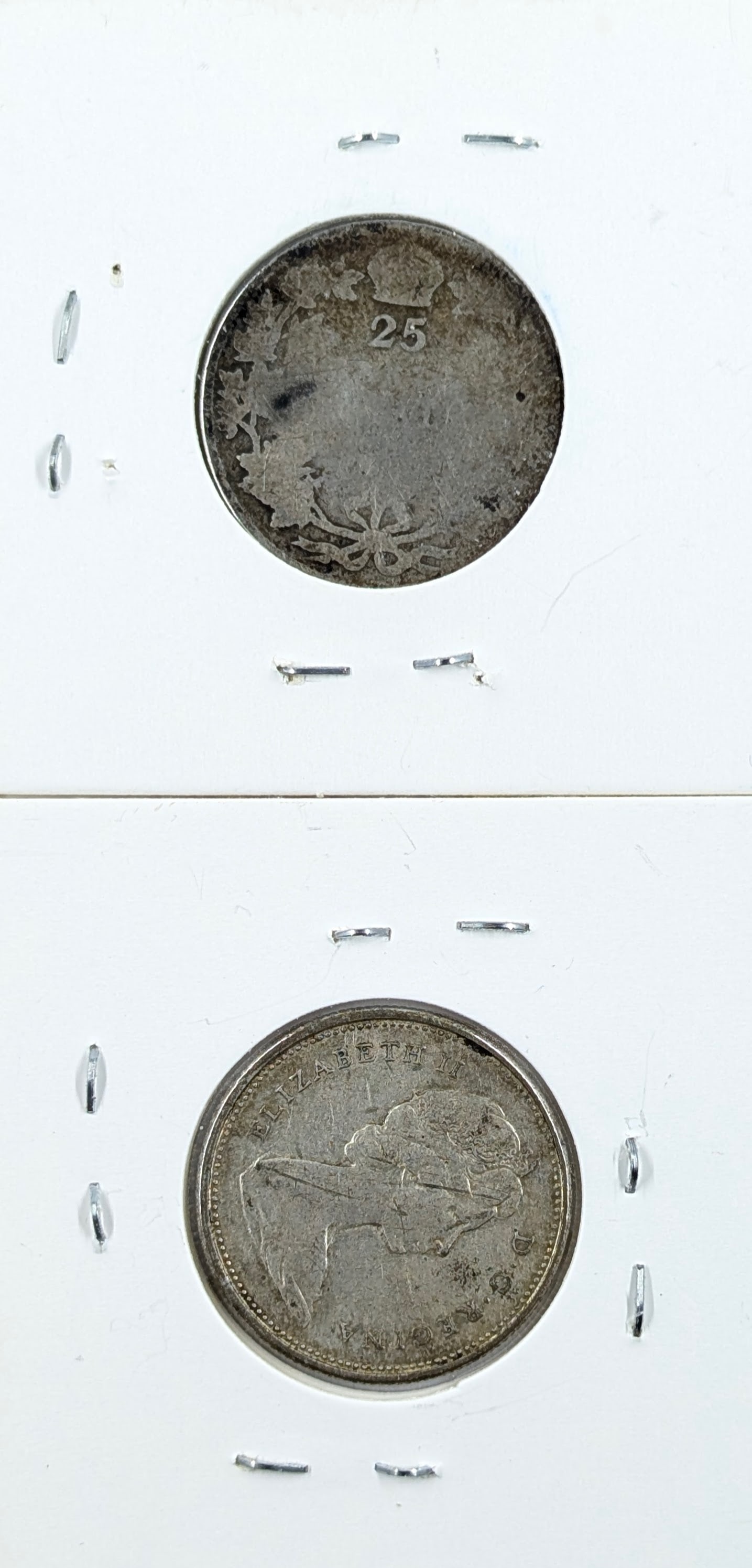 Lot of 2 Silver Canadian 25 Cents - 1968, No Date - 2