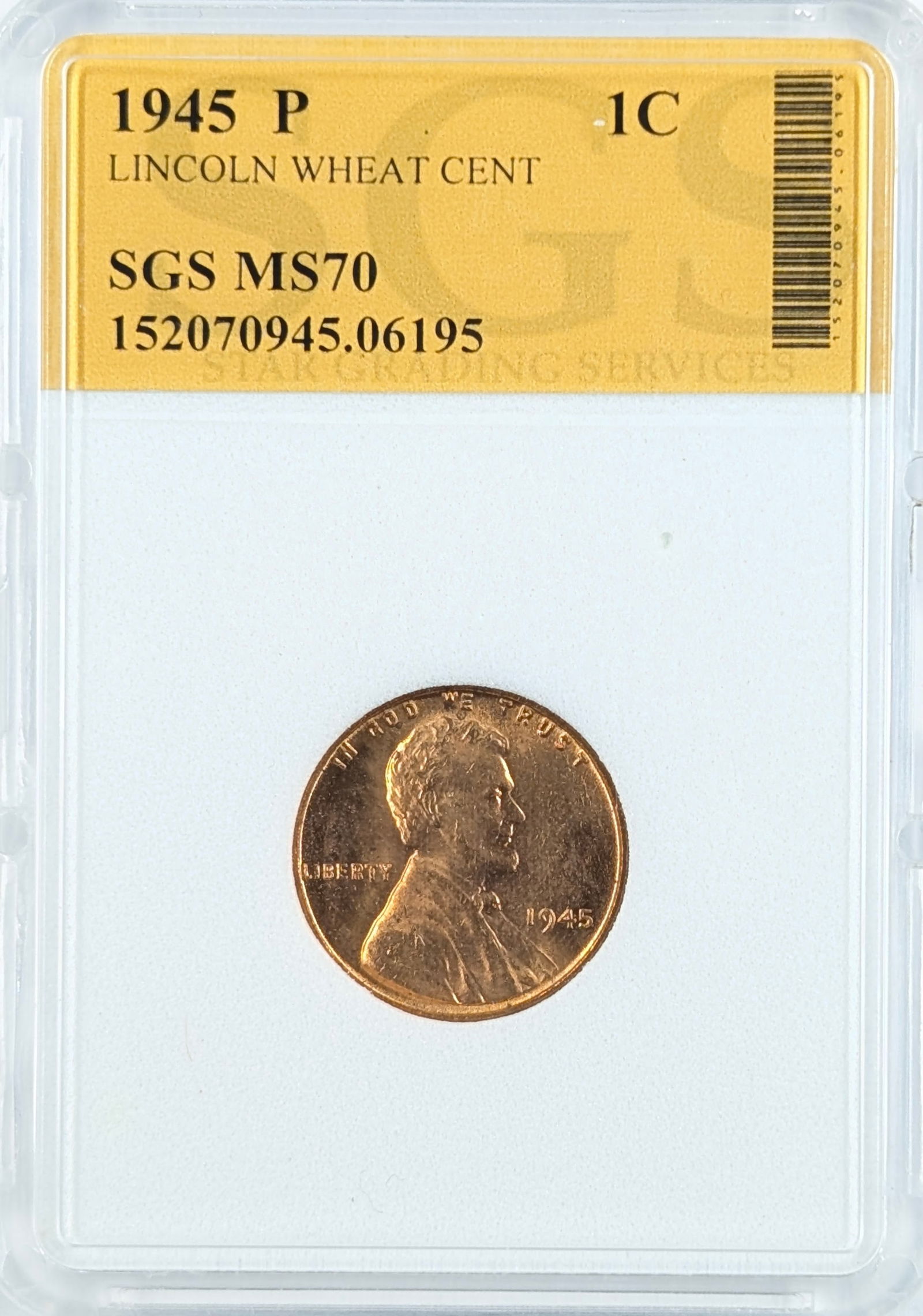 SGS 1945-P MS70 Wheat Cent: Coin 