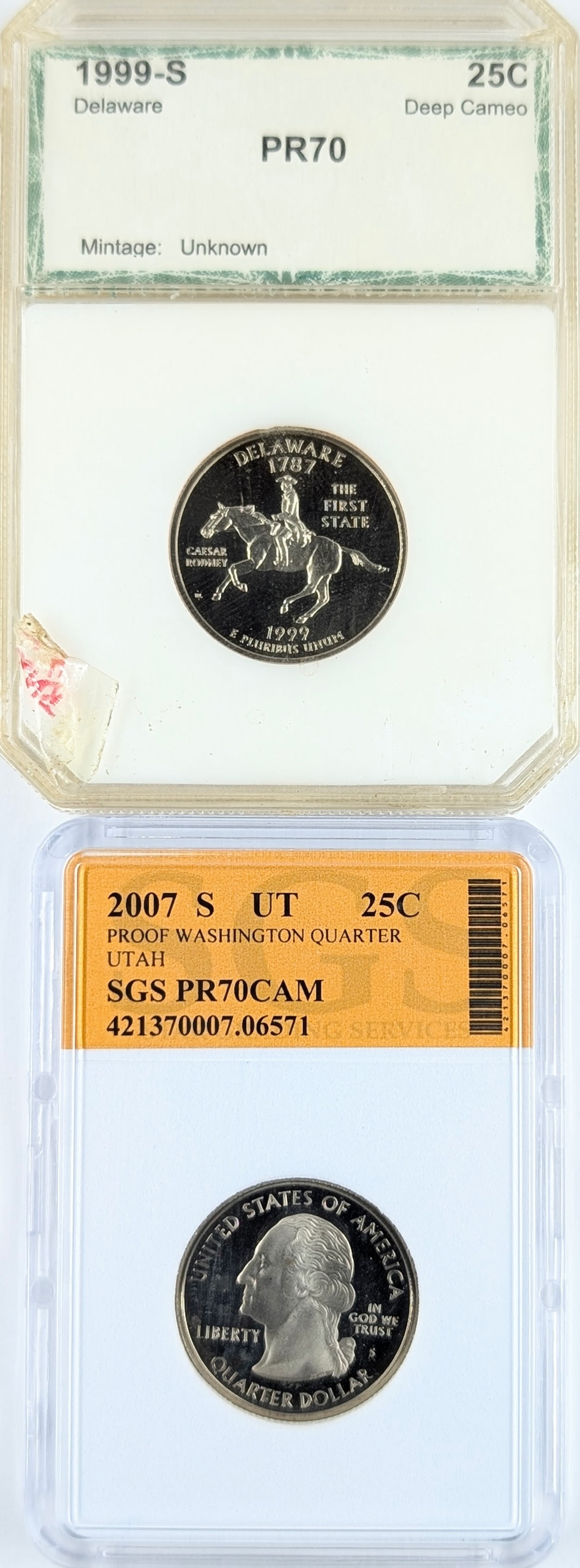 Lot of 2 PR70 State Quarters - 1999-S Delaware, 2007-S Utah CAM: Coin 