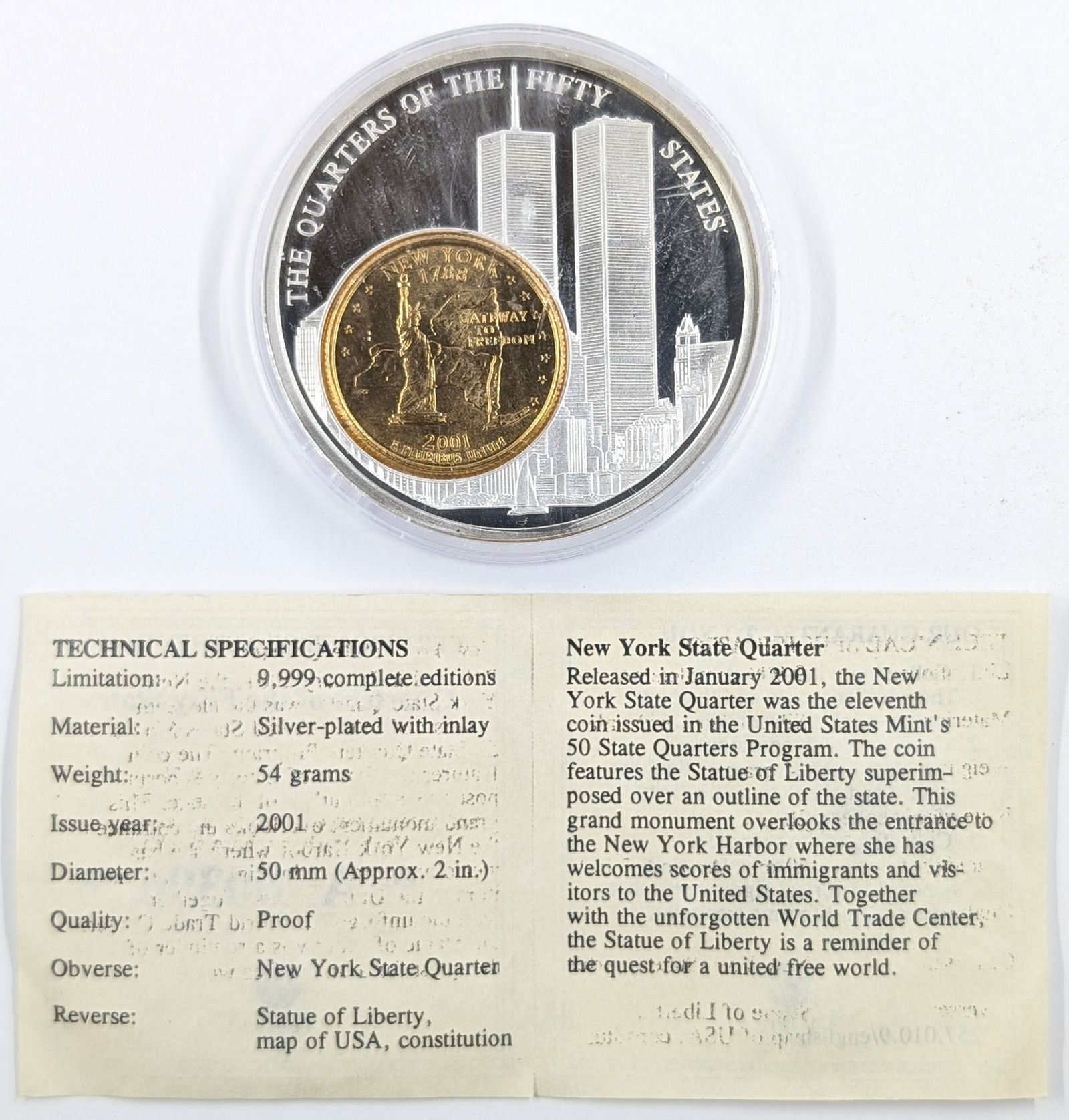 2001 Encased Token - Quarters of the Fifty States New York - Proof: Bimetallic: gold (.999) plated copper-nickel center in silver (.999) plated copper-nickel ring