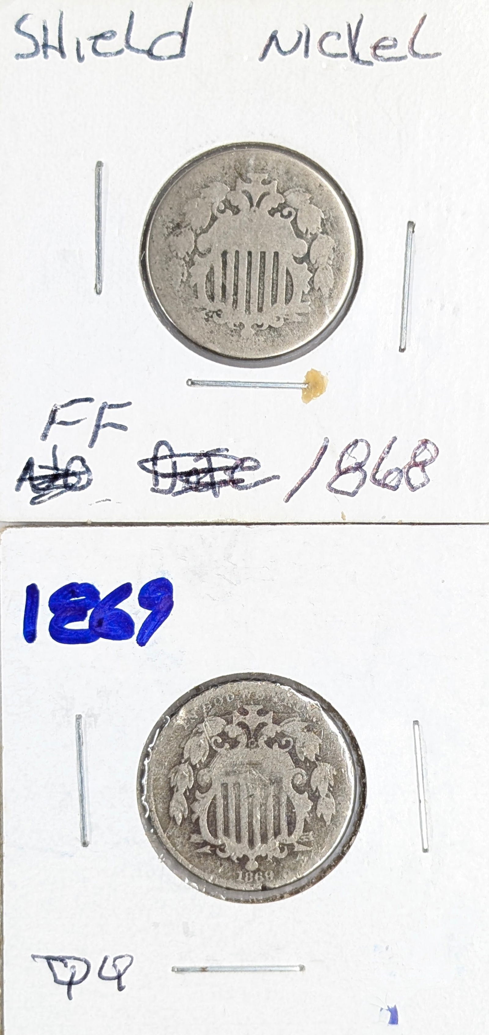 Lot of 2 Shield Nickels - 1868, 1869 (1 of 2)