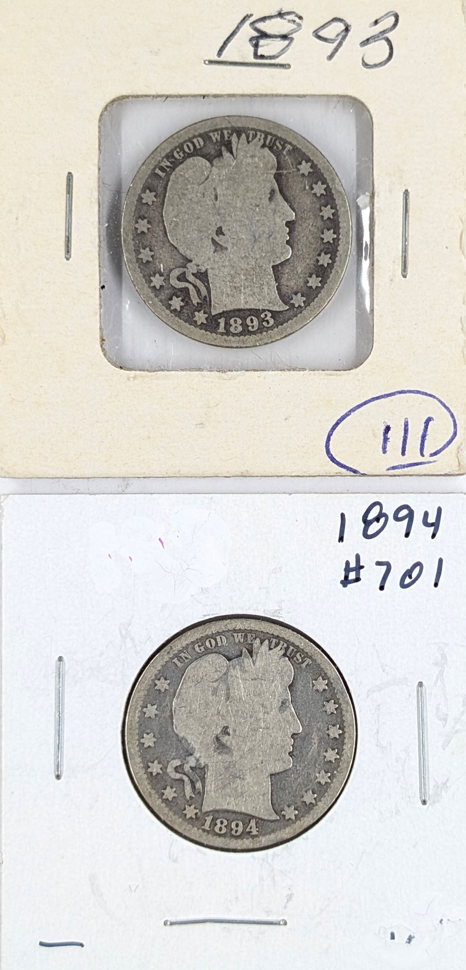 Lot of 2 Silver Barber Quarters - 1893, 1894 (1 of 2)