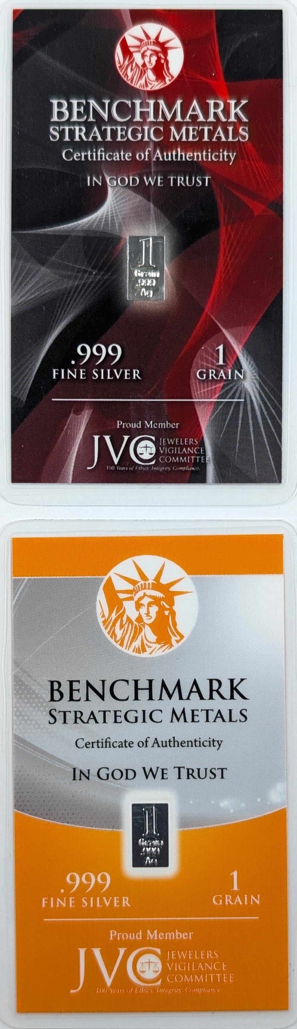 Lot of 2 - 1 Grain (each) .999 Silver Bars - Benchmark Strategic Metals: Silver