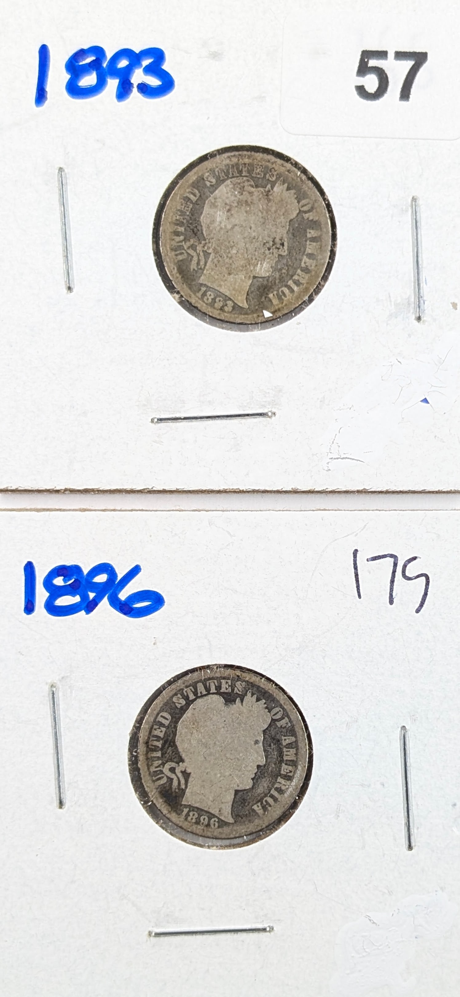 Lot of 2 Silver Barber Dimes - 1893, 1896 (1 of 2)