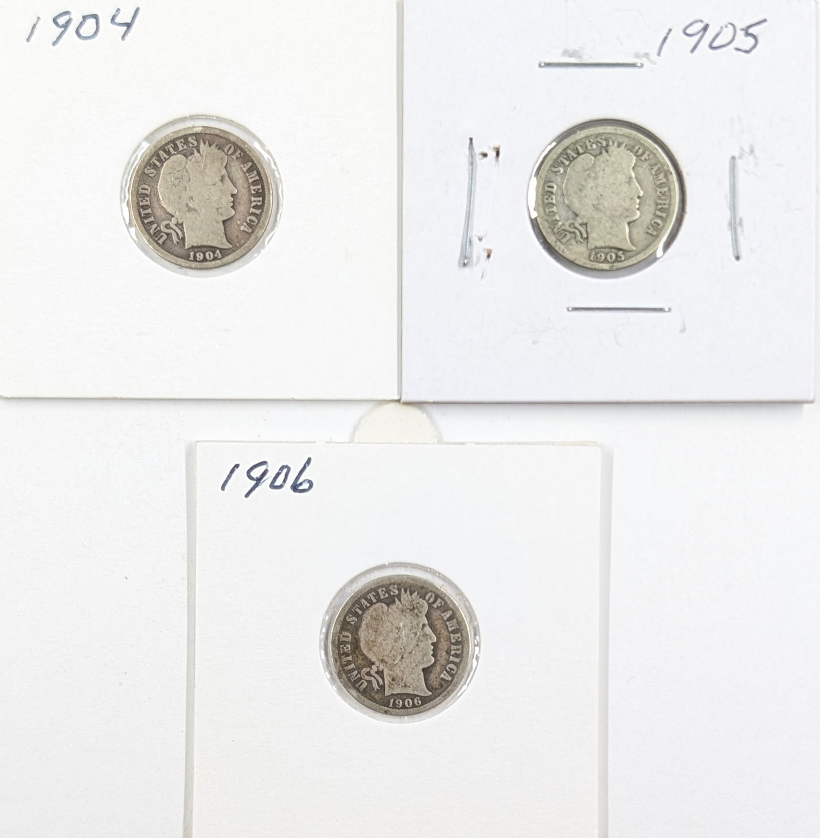 Lot of 3 Silver Barber Dimes - 1904, 1905, 1906: Silver 
