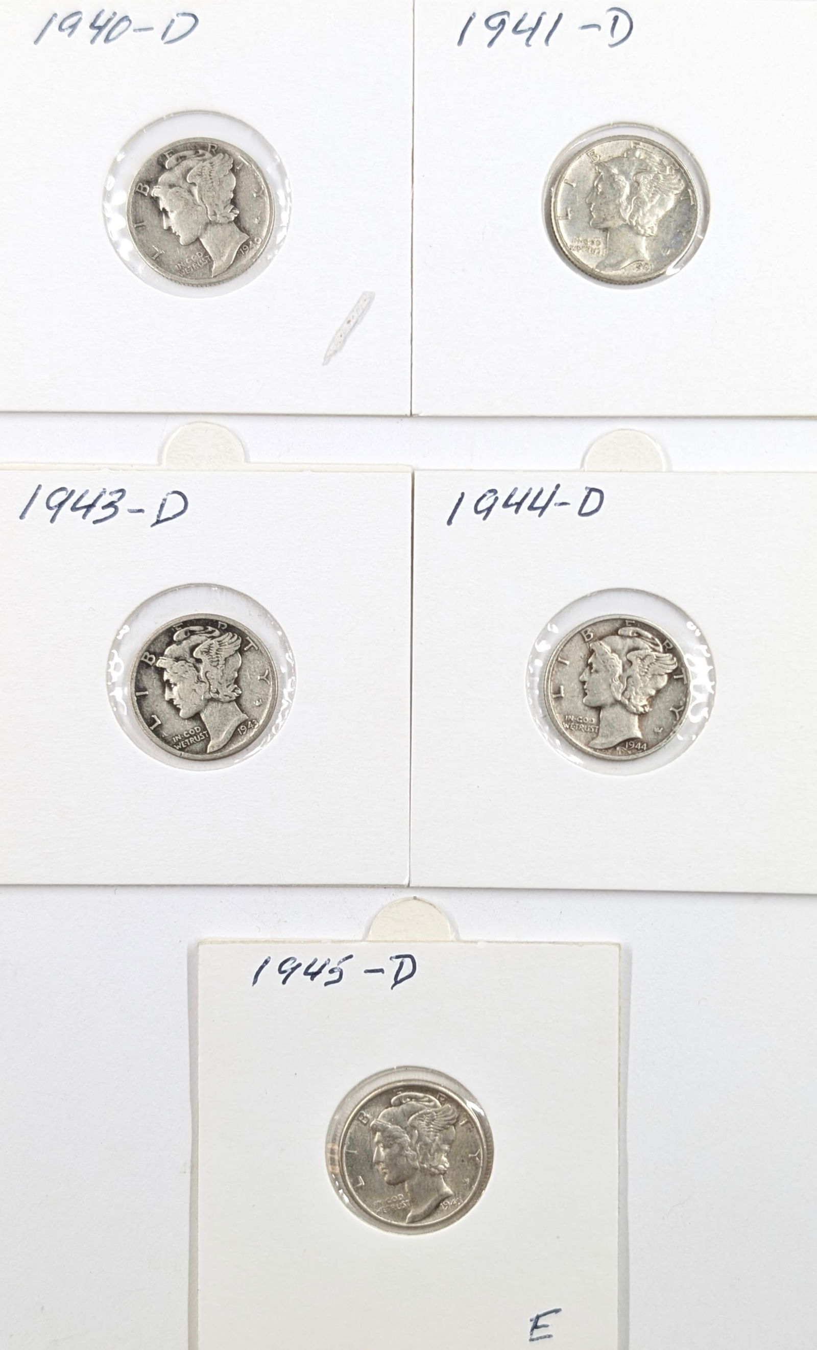 Lot of 5 Silver Mercury Dimes - 1940-1945 - All 'D' Mints: Silver 