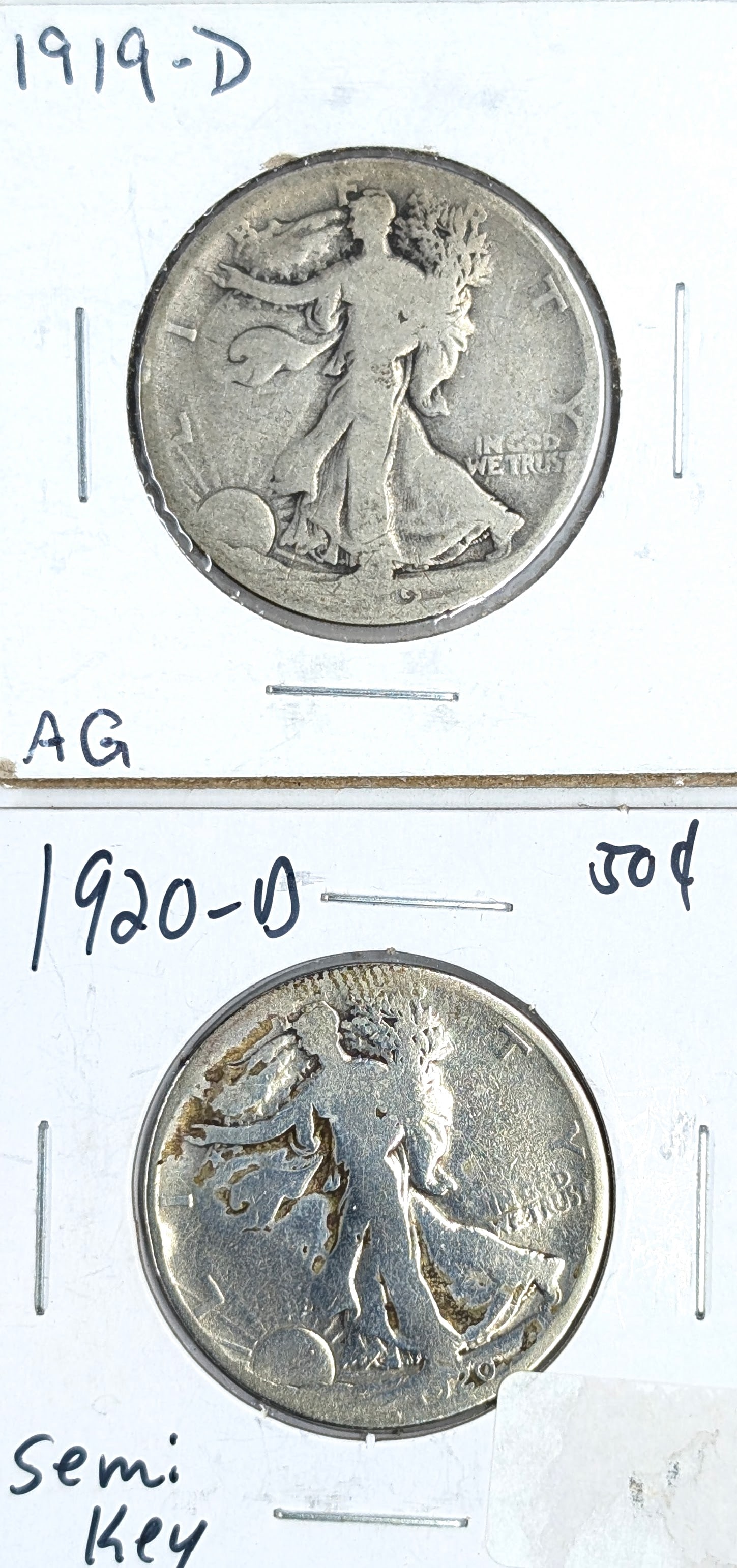 Lot of 2 Silver Walking Liberty Half Dollars - 1919-D, 1920-D - KEY DATES: Silver 