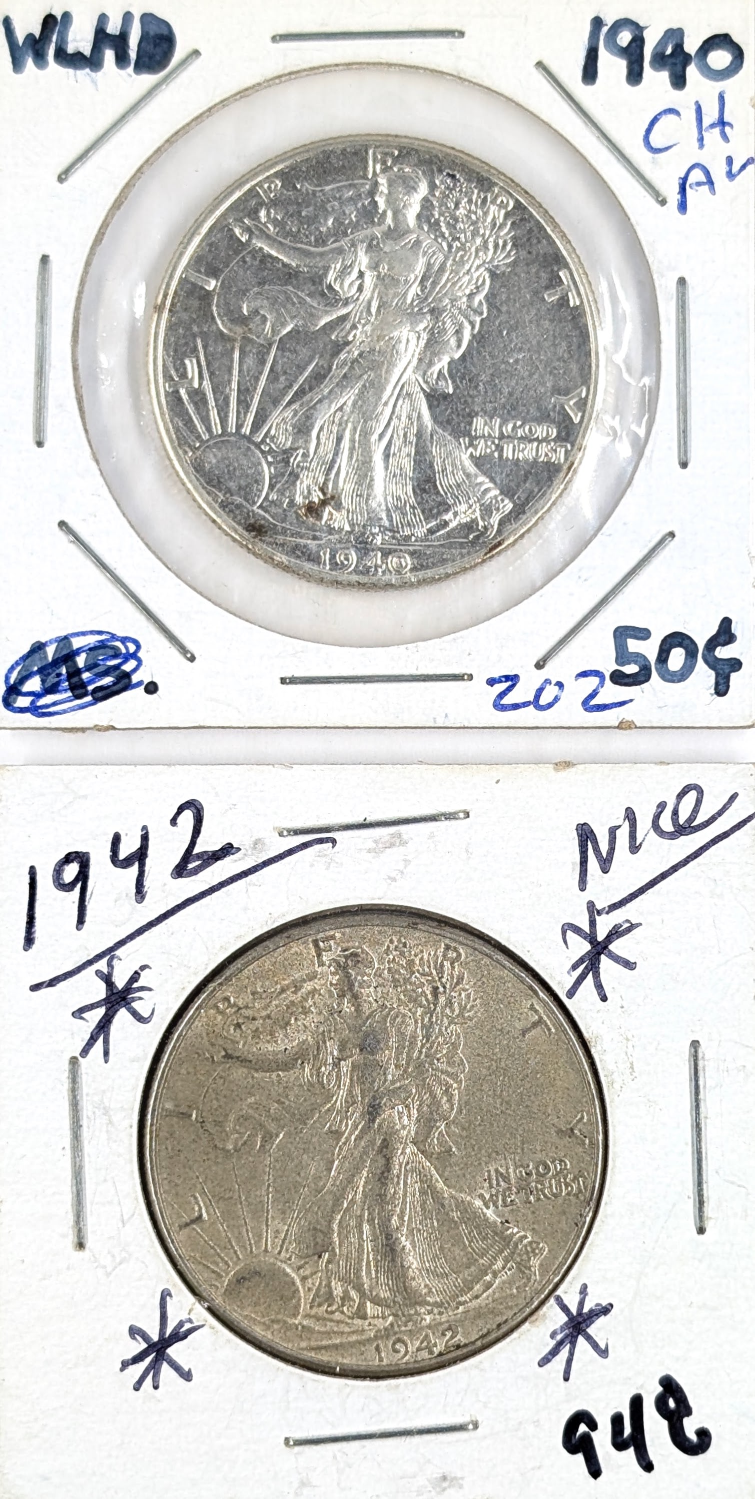 Lot of 2 Silver Walking Liberty Half Dollars - 1940, 1942 (1 of 2)