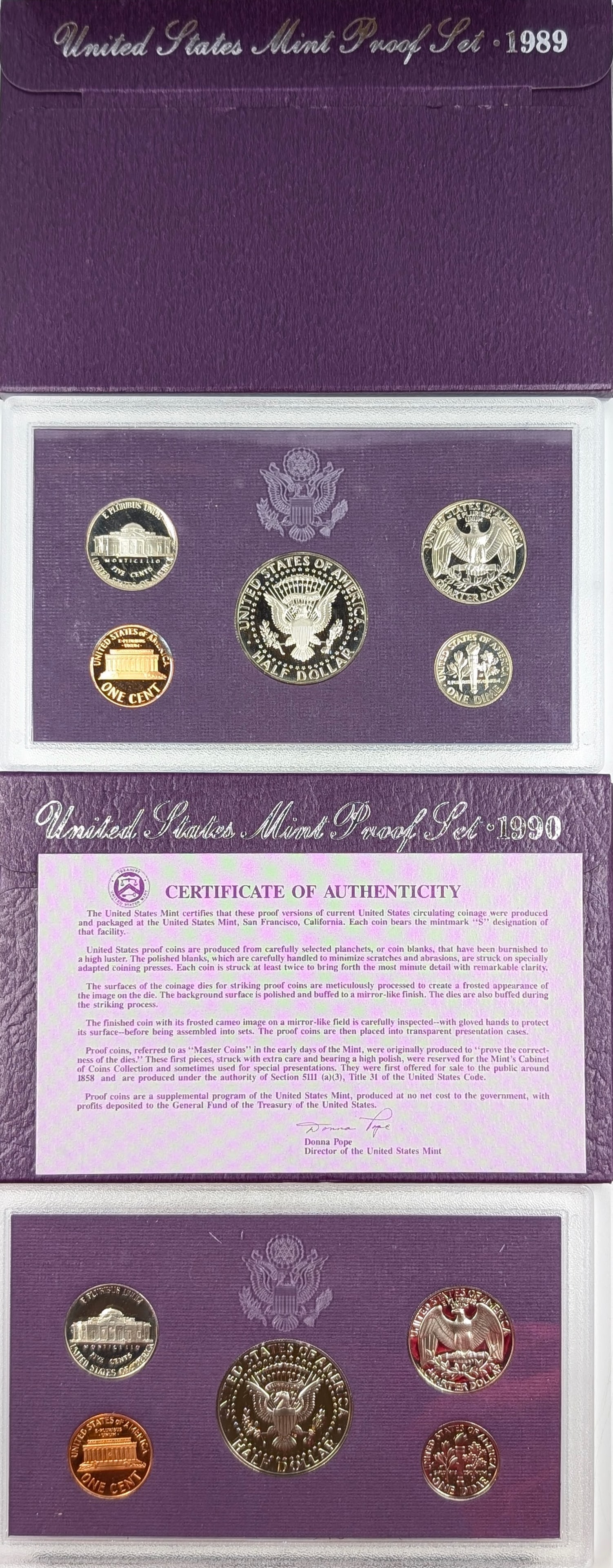 Lot of 2 US Mint Proof Sets - 1989, 1990 w/ COA - 2