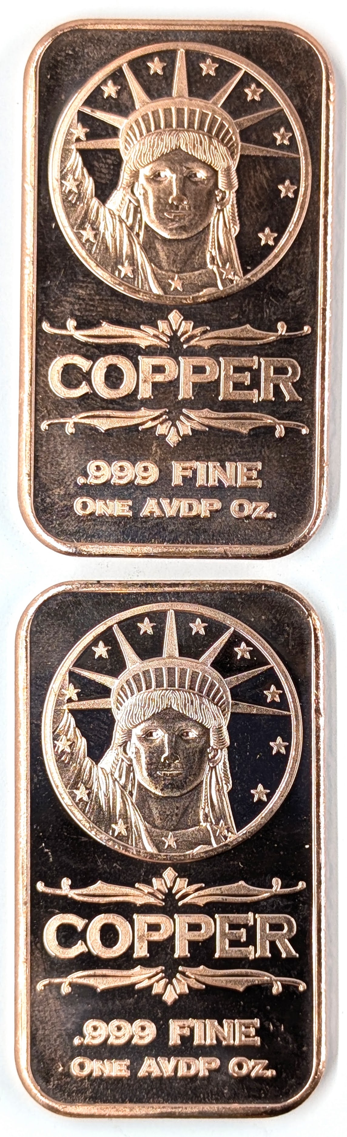 Lot of 2 - 1 Ounce (each) Fine .999 Copper Bars - Lady Liberty (1 of 2)
