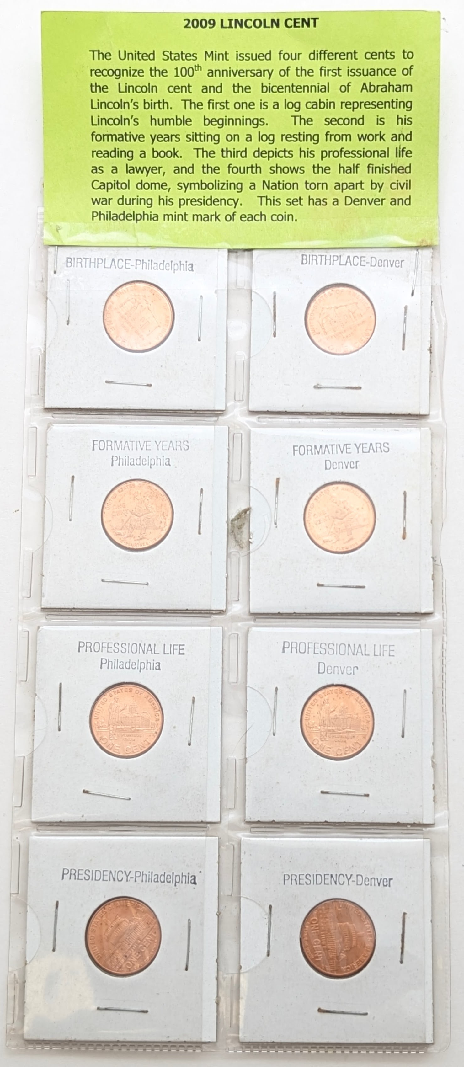 Lot of 8 Uncirculated 2009 Lincoln Cents - P/D for each Lincoln Era (1 of 2)