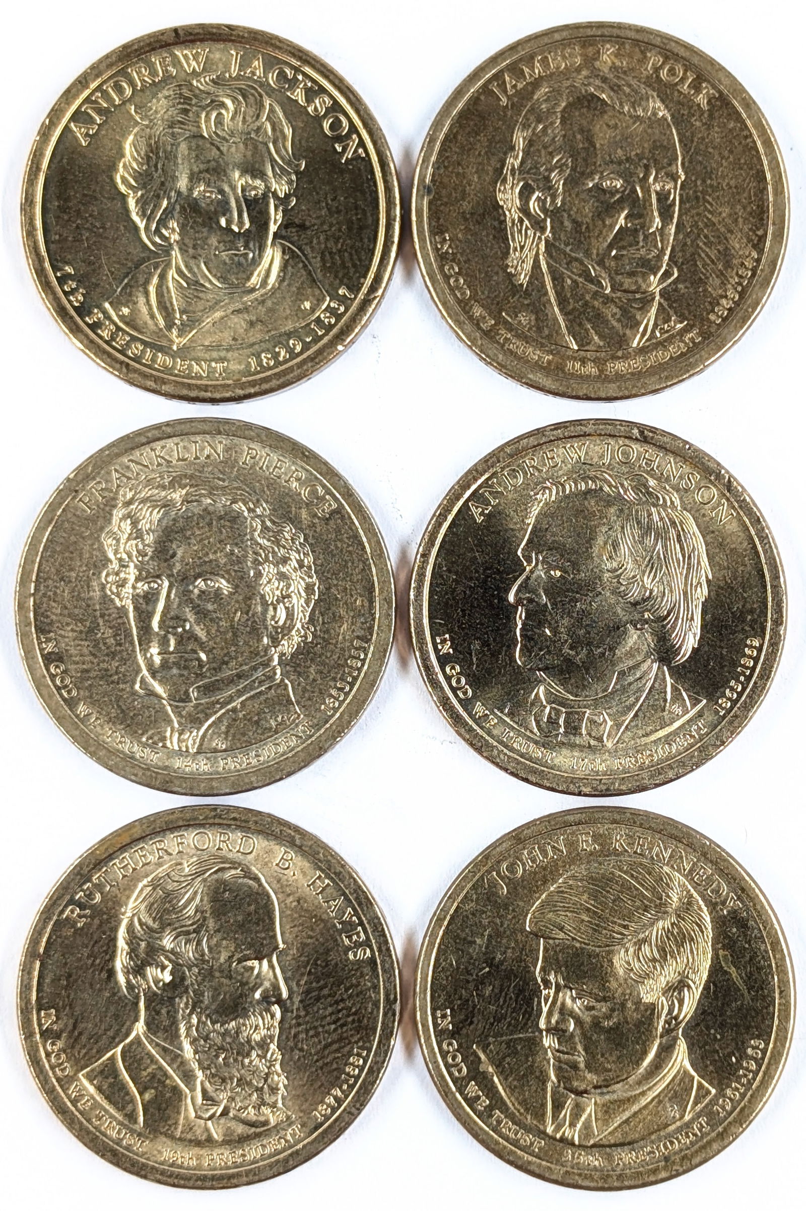 Lot of 6 Uncirculated Presidential Dollars - Jackson, Polk, Pierce, Johnson, Hayes, JFK (1 of 2)