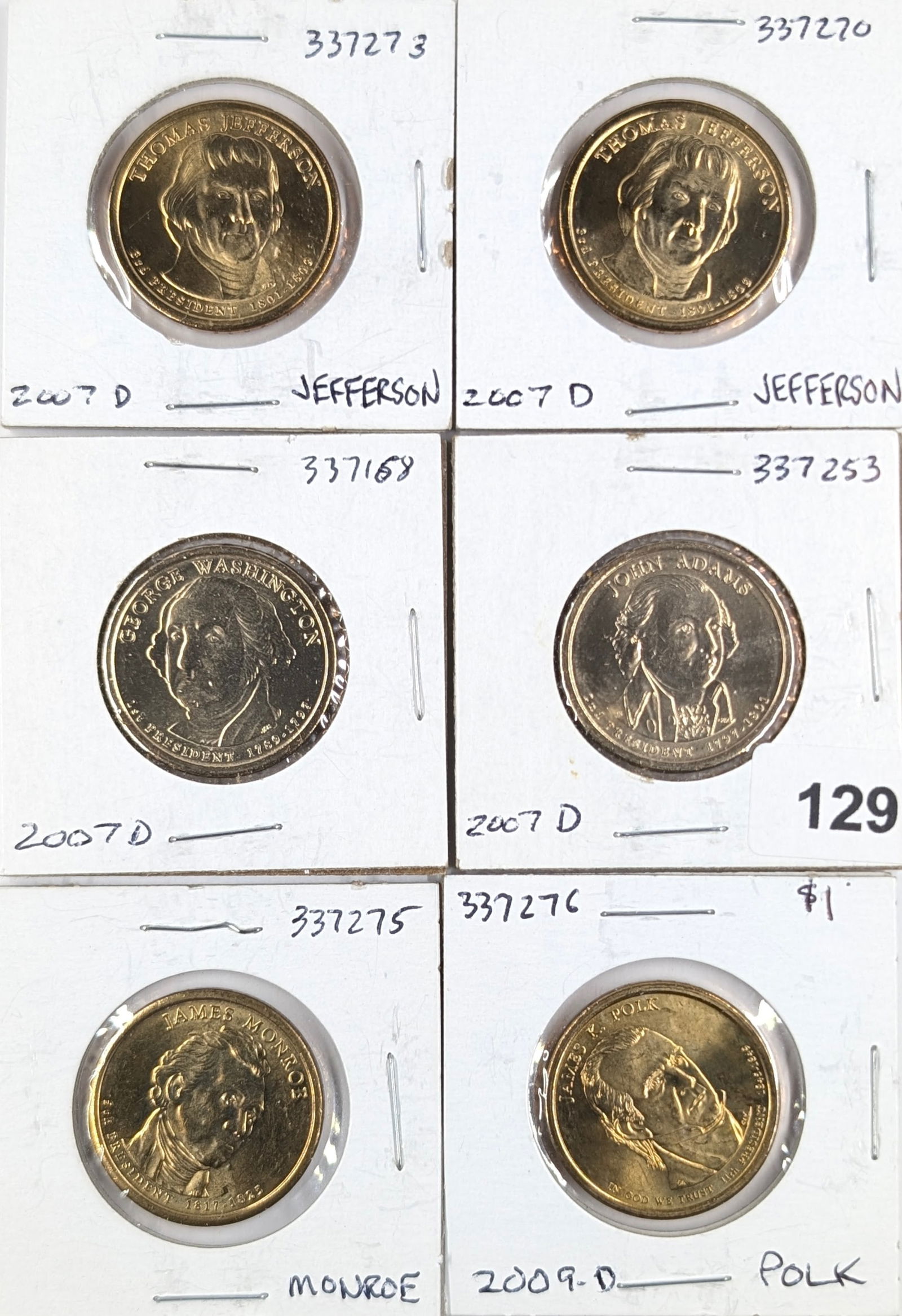 Lot of 6 Presidential Dollars - Jefferson(2), Washington, Adams, Monroe, Polk (1 of 2)