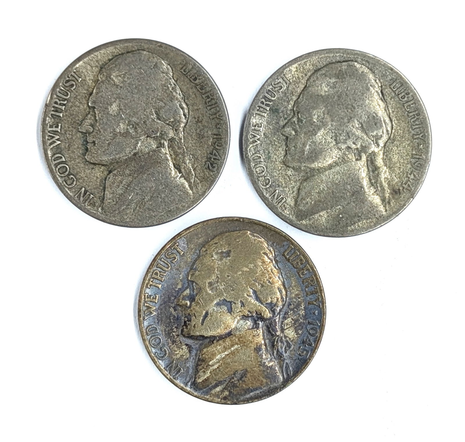 Lot of 3 Silver War Nickels - 1942-S, 1944-S, 1945-P (1 of 2)