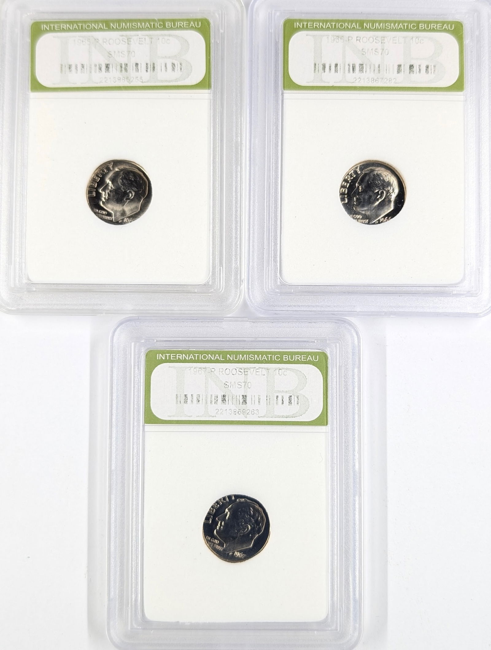 Lot of 3 INB MS70 Roosevelt Dimes - 1965, 1966, 1967 (1 of 2)