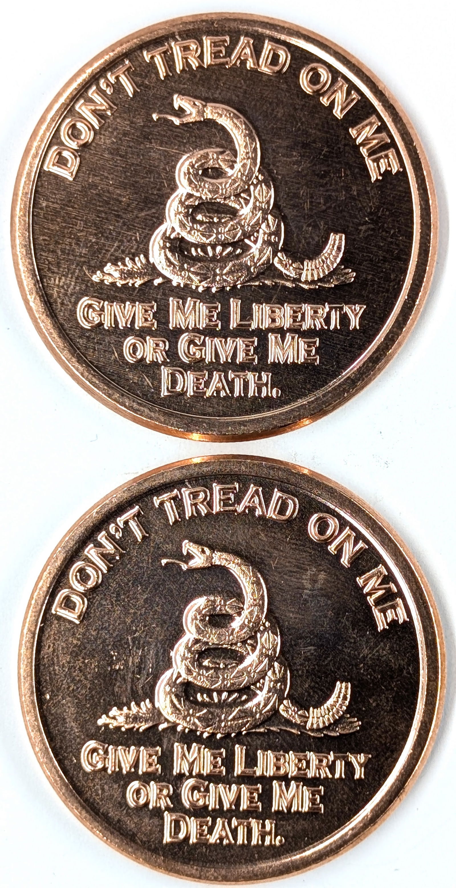 Lot of 2 - 1 Ounce (each) Fine .999 Copper Rounds - Don't tread on me: Copper 