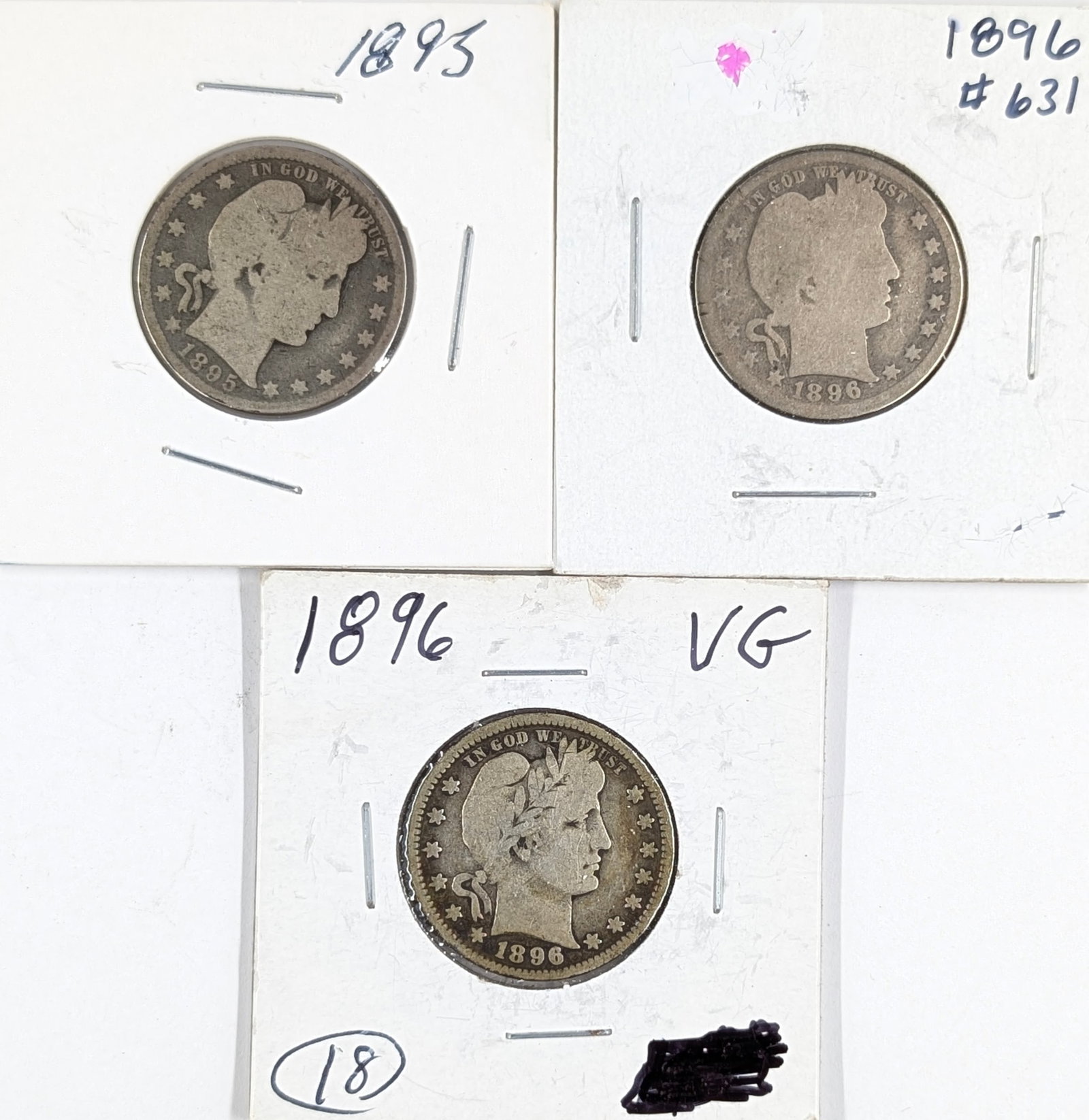 Lot of 3 Silver Barber Quarters - 1895, 1896(2) (1 of 2)