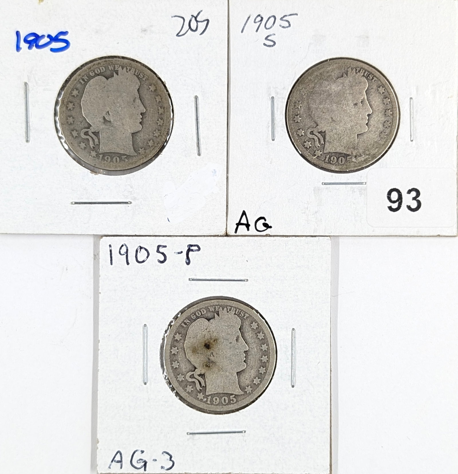 Lot of 3 Silver Barber Quarters - 1905 P/S (1 of 2)