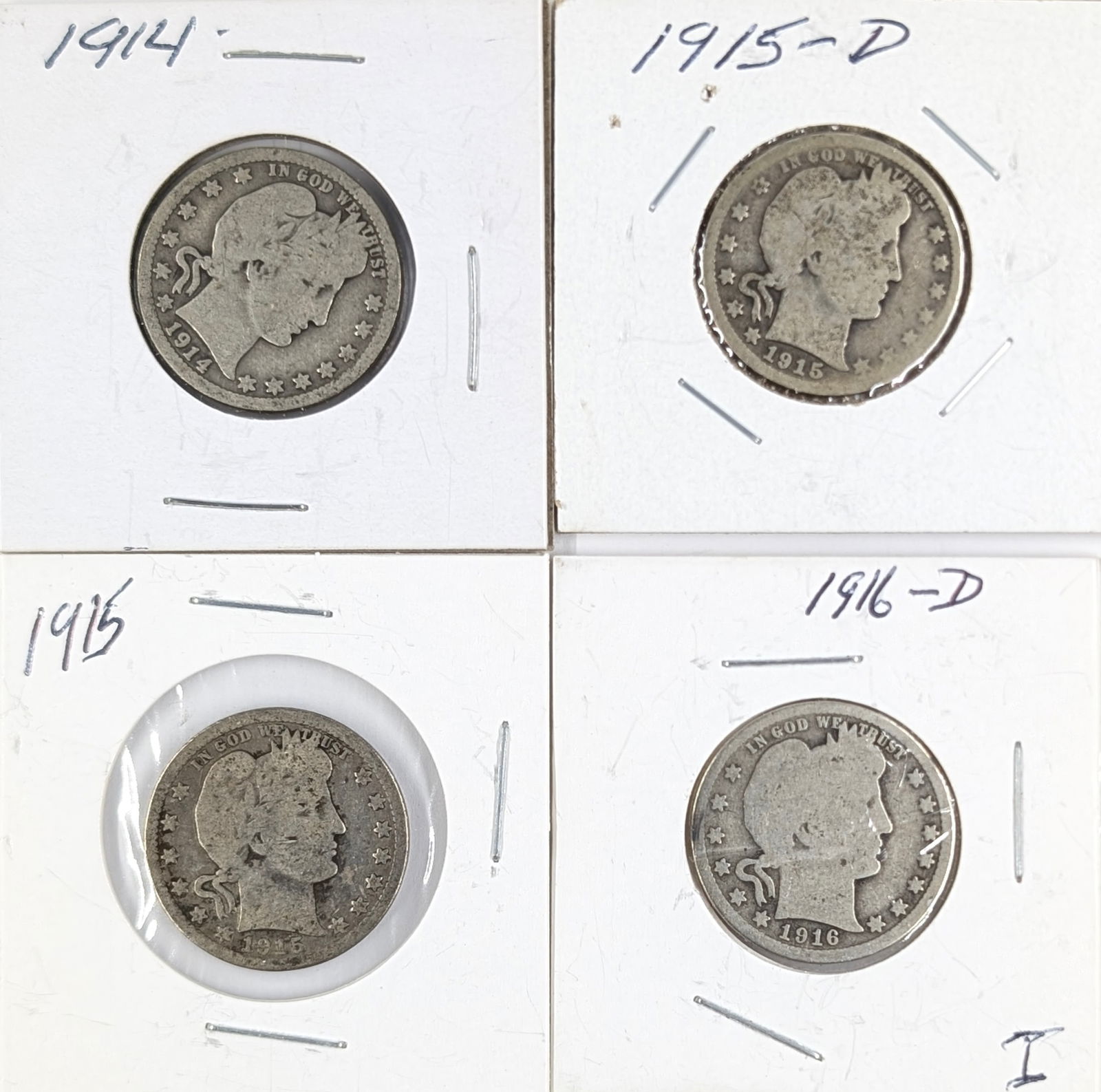 Lot of 4 Silver Barber Quarters - 1914-1916 (1 of 2)