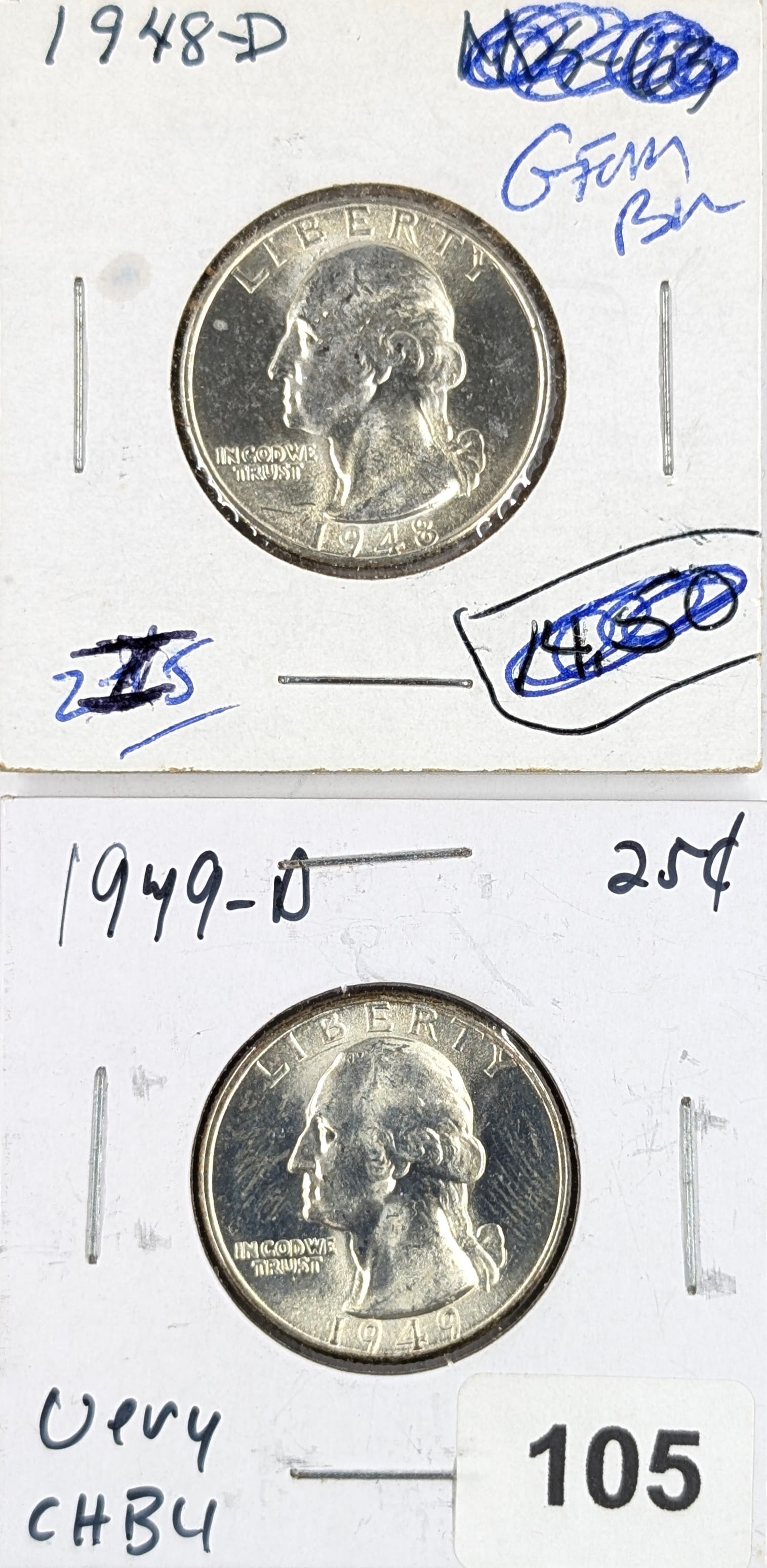 Lot of 2 Silver Washington Quarters - 1948-D. 1949-D - XF/AU (1 of 2)