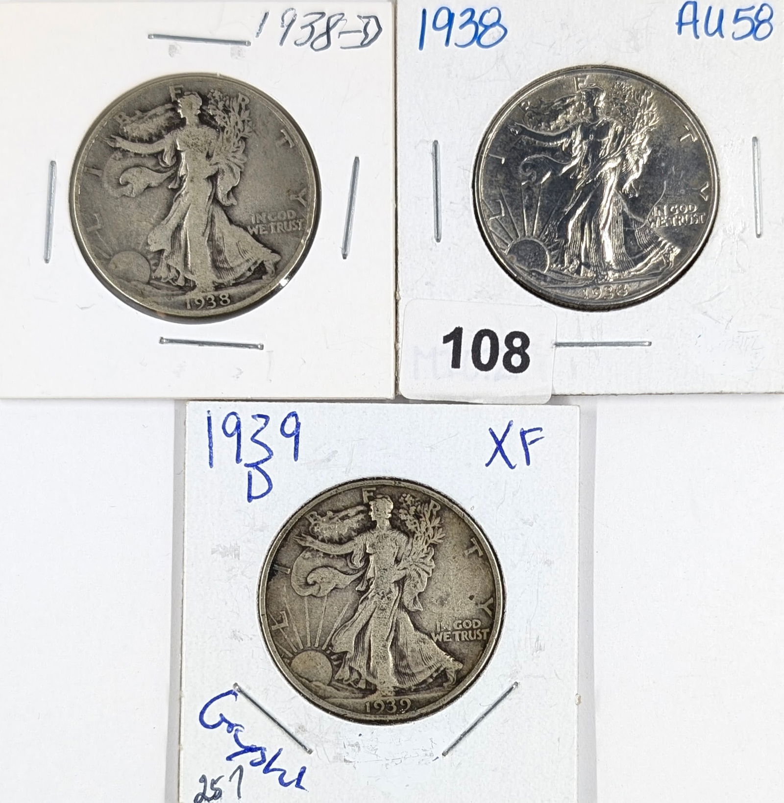 Lot of 3 Silver Walking Liberty Half Dollars - 1938 P/D (1 of 2)