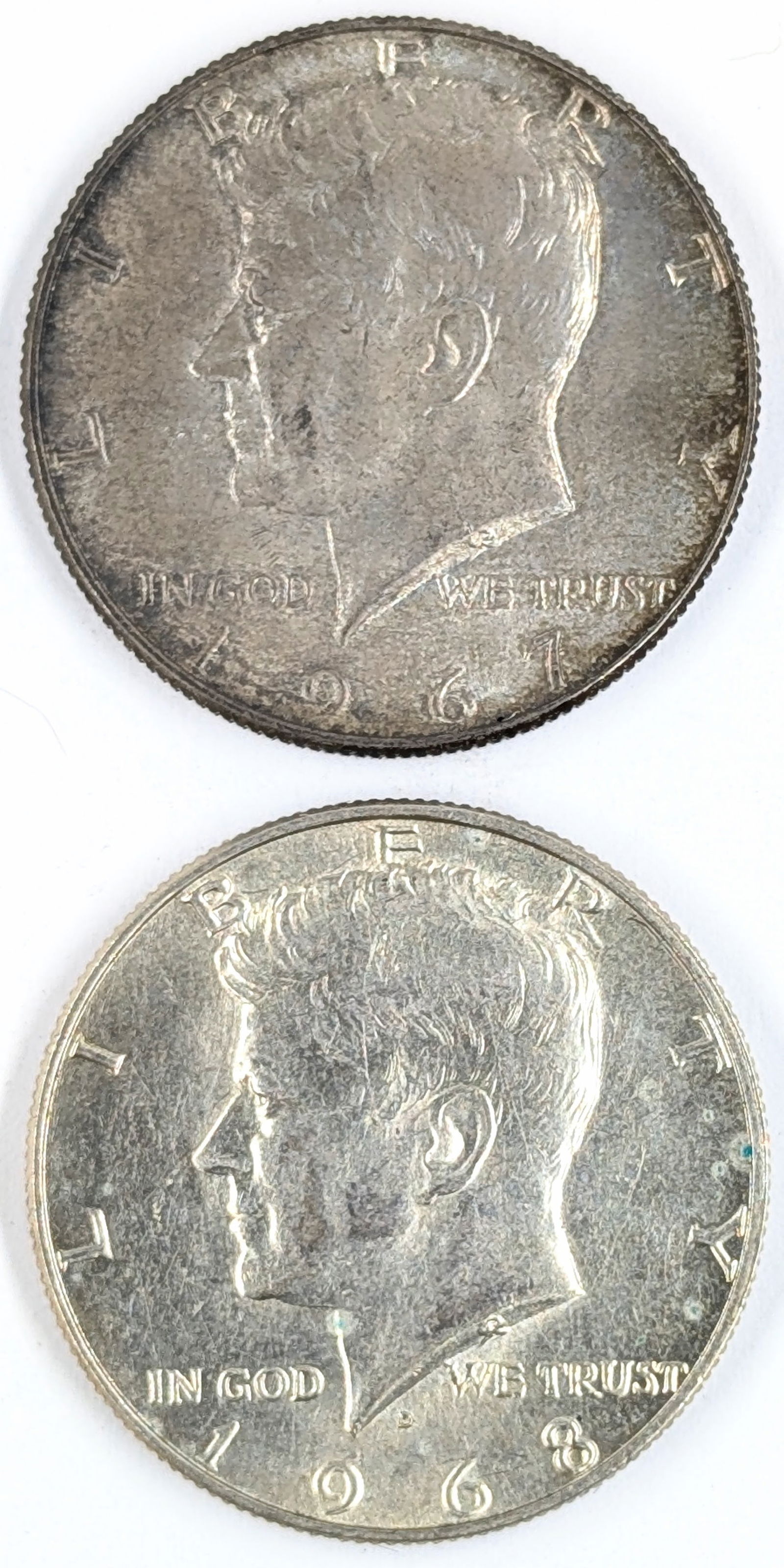 Lot of 2 Silver John F Kennedy Half Dollars - 1967, 1968-D (1 of 2)