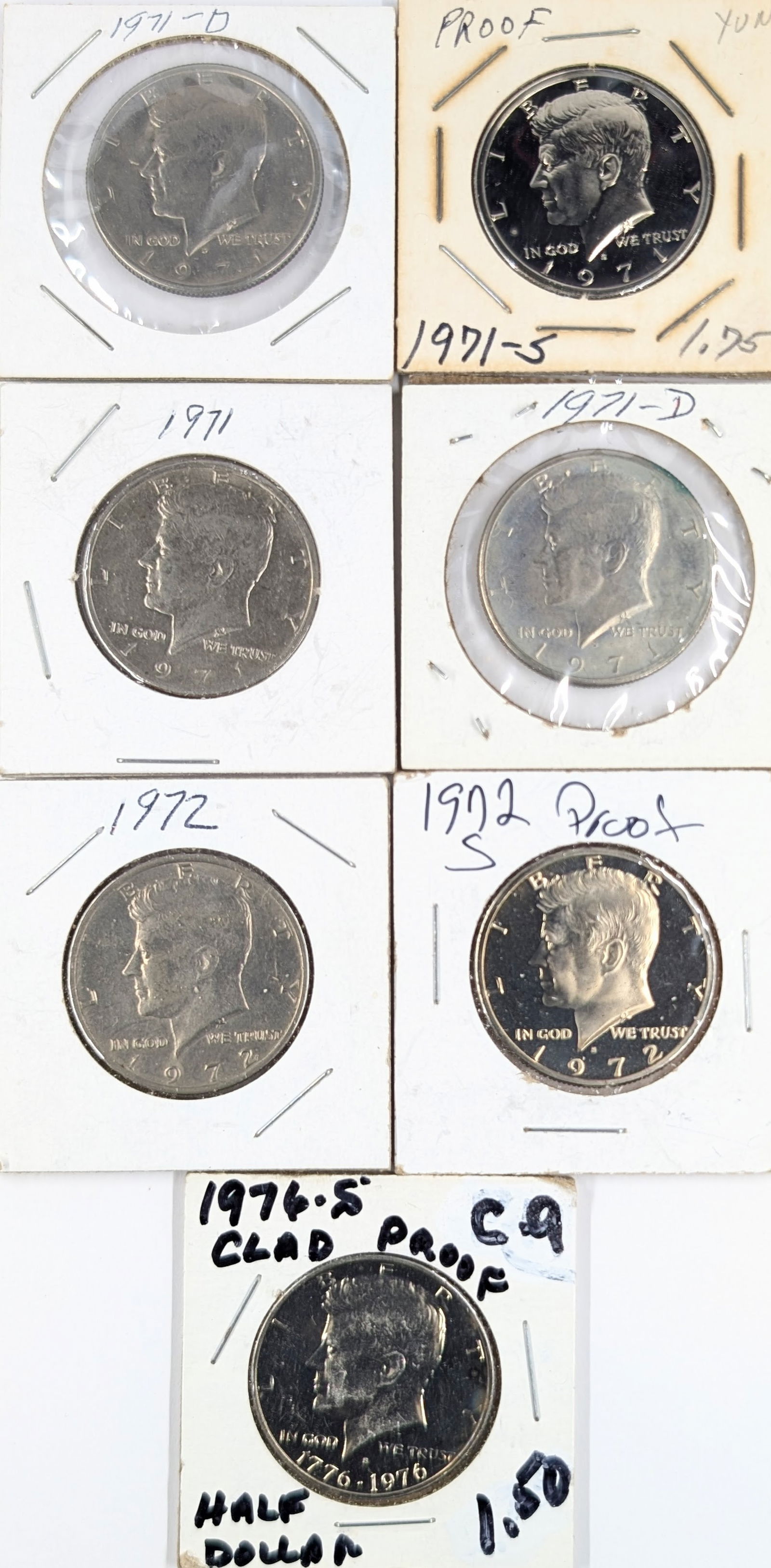 Lot of 7 John F Kennedy Half Dollars - 1971-1976 - Some Proofs (1 of 2)