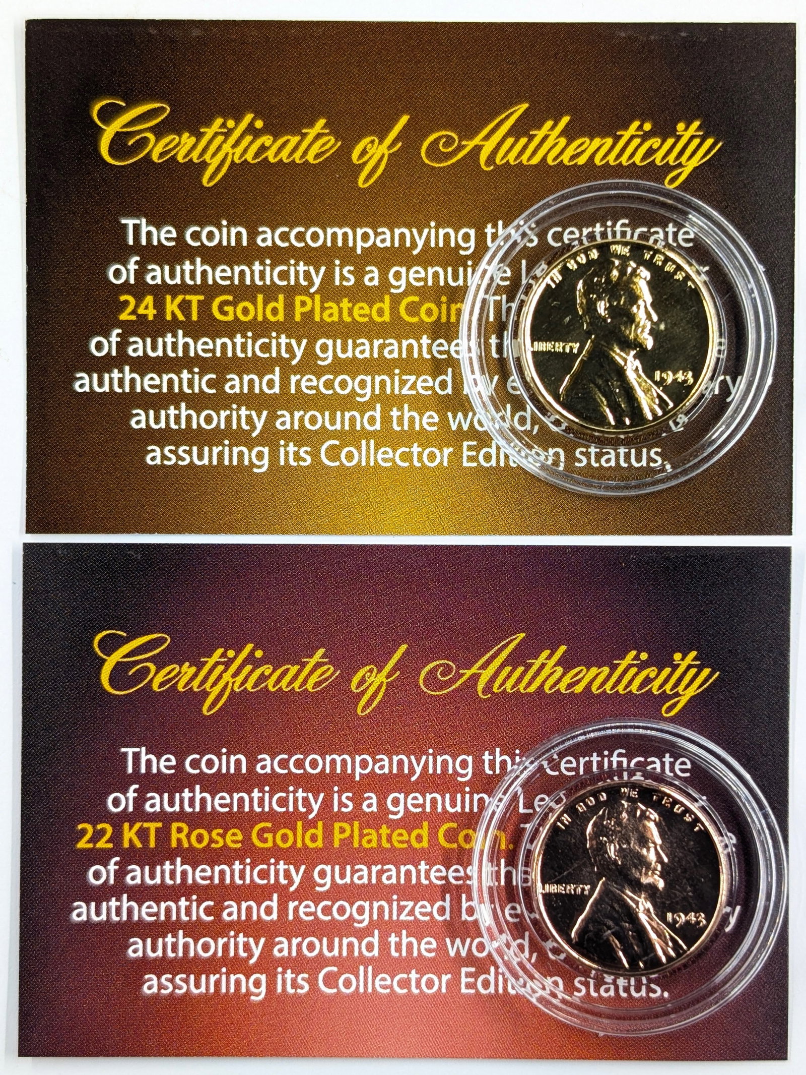 Lot of 2 Uncirculated 1943 Wheat Cents - 24K Gold & 22K Rose Gold plated: Coin 