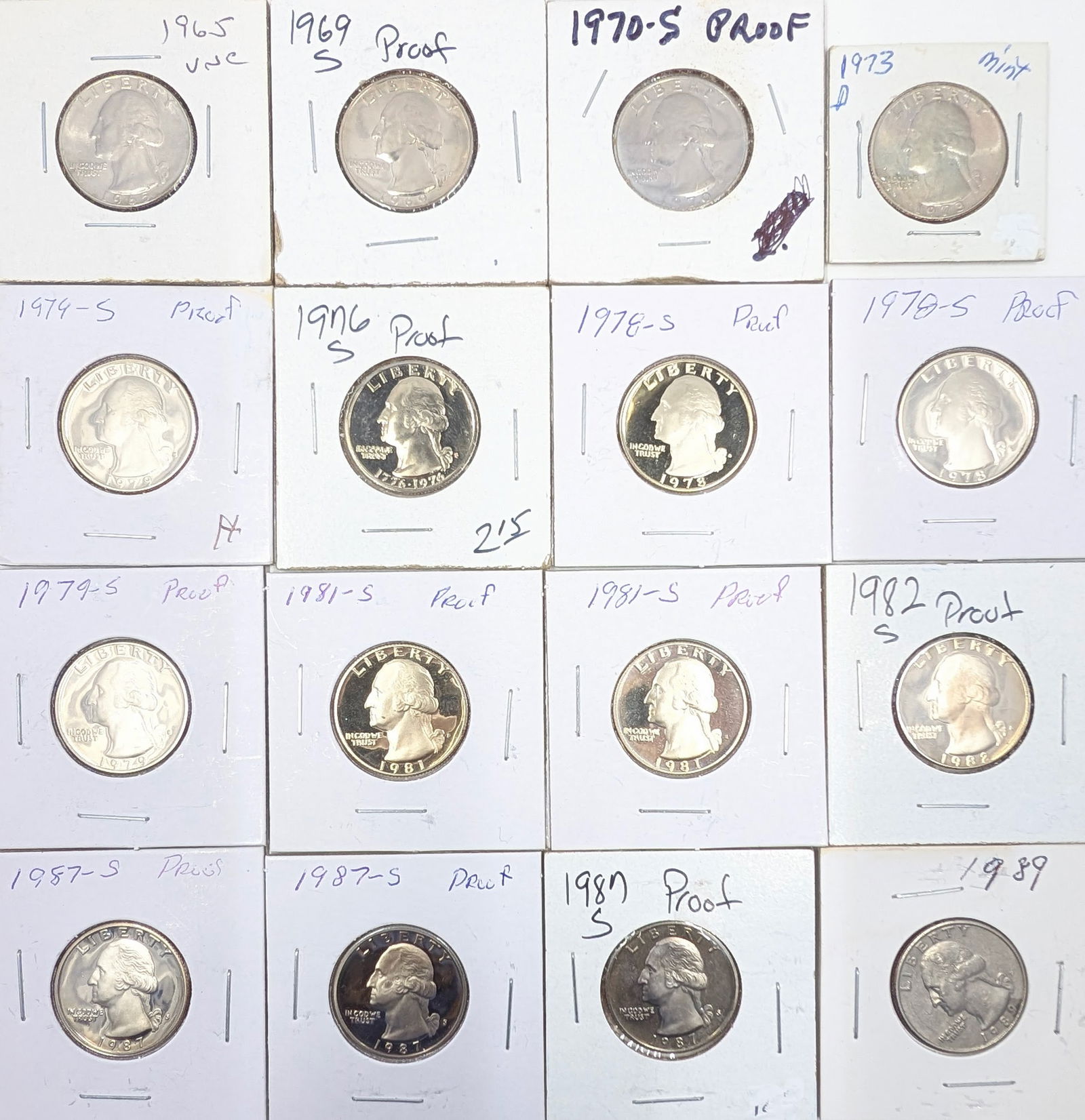 Lot of 16 Washington Quarters - 1965-1989 - Mostly Proofs (1 of 2)