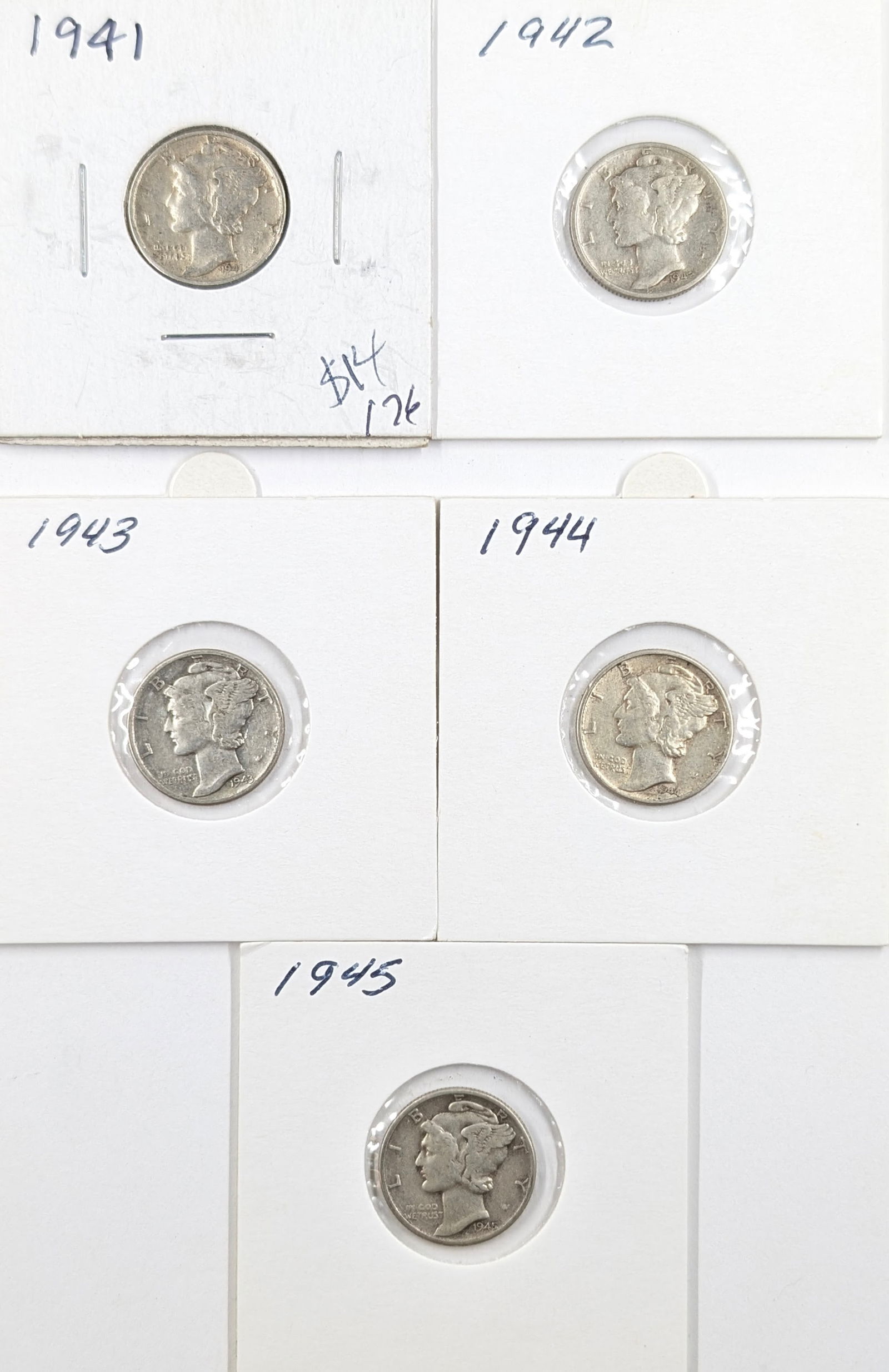 Lot of 5 Silver Mercury Dimes - 1941-1945: Silver 